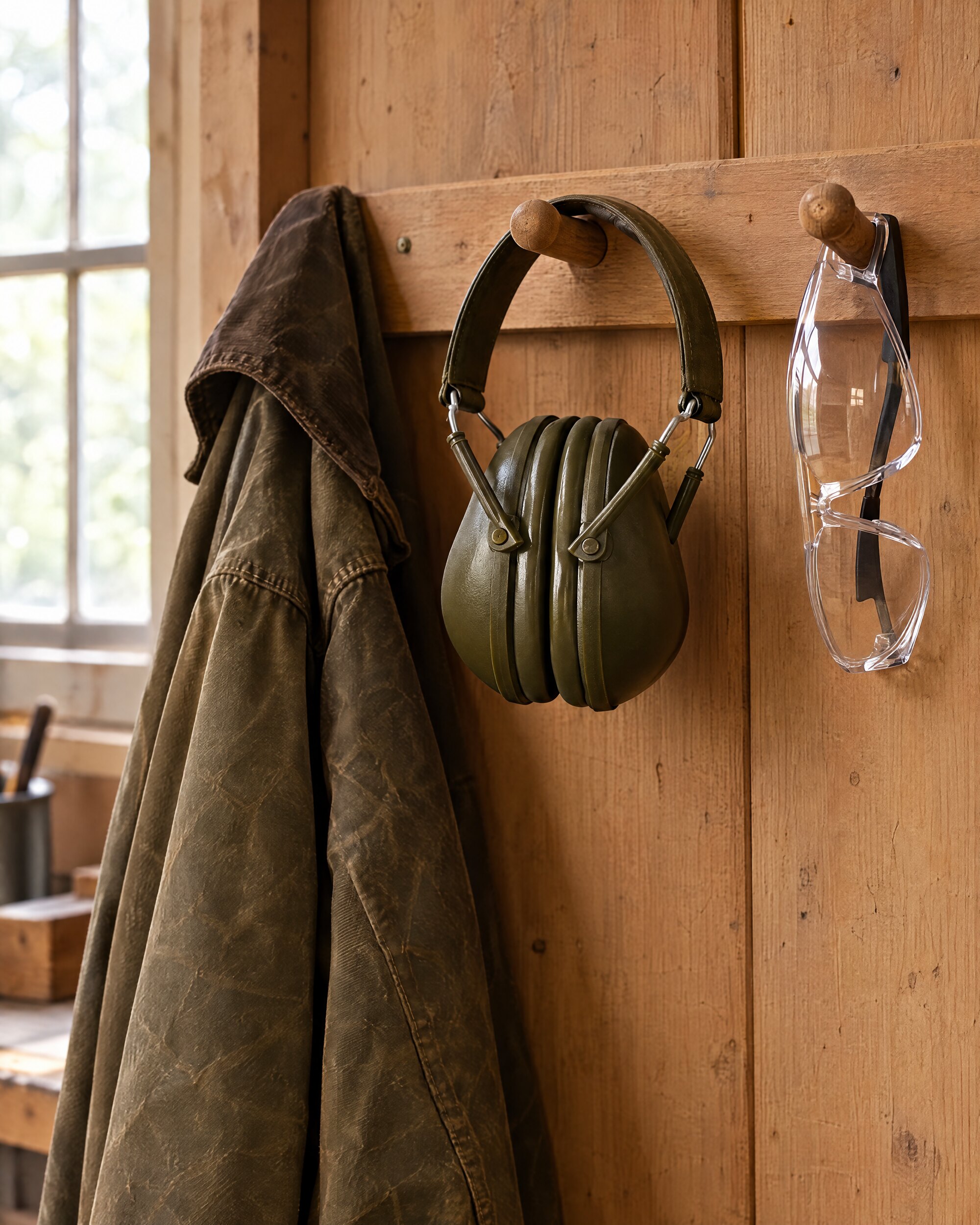 Olive-green ear defenders hung on a peg beside a waxed jacket