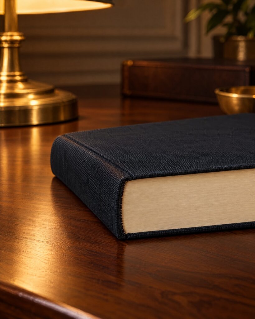 Closed hardback novel on a walnut desk, seen from the page edge