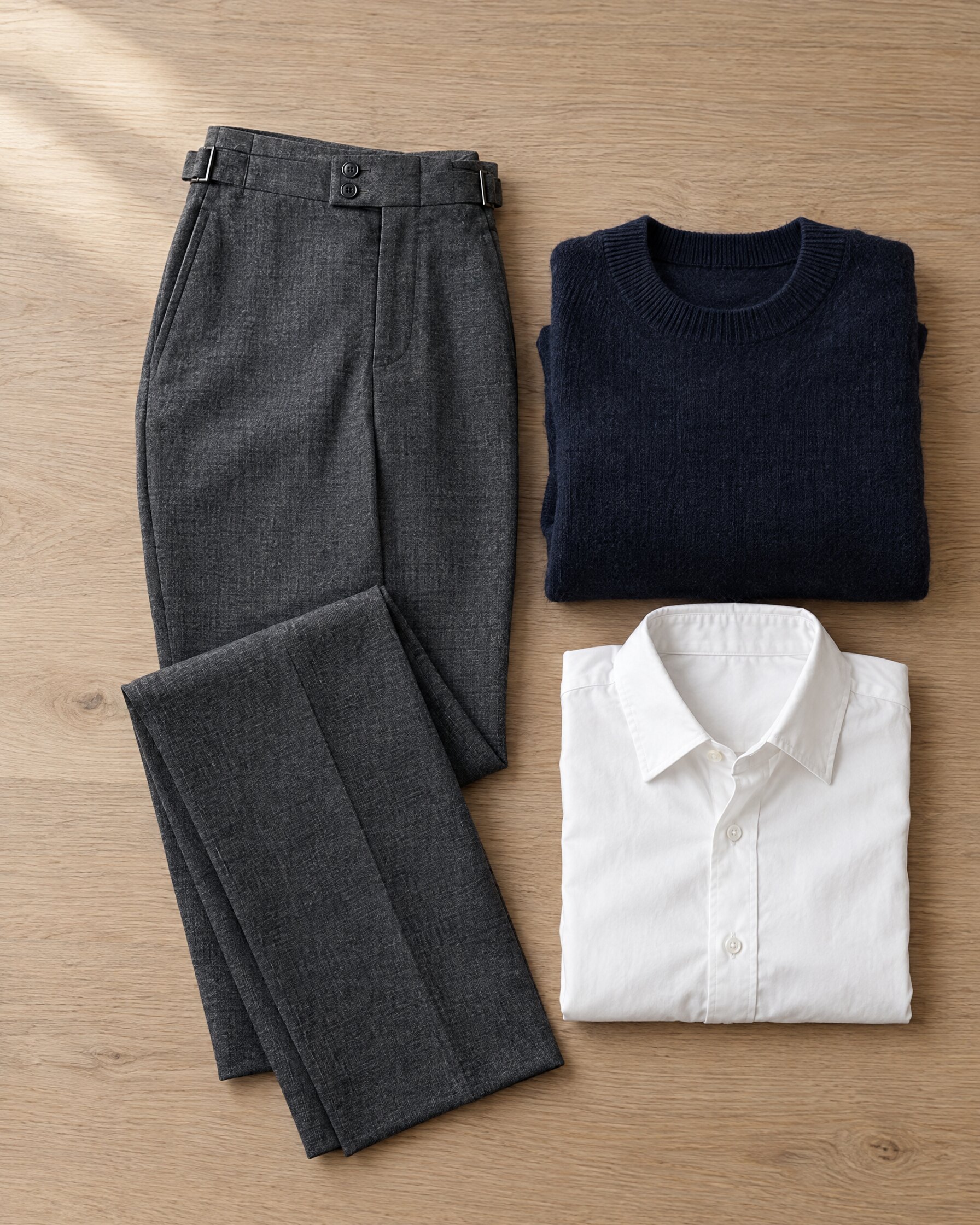Acne Wall Street trousers in shark grey wool, folded on an oak table beside a navy knit and white shirt