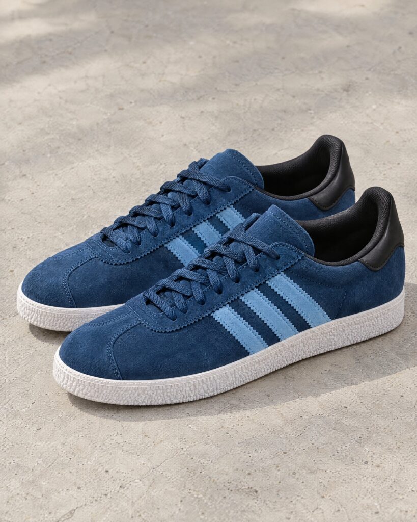 Dark indigo suede sneakers with light blue stripes on pale concrete