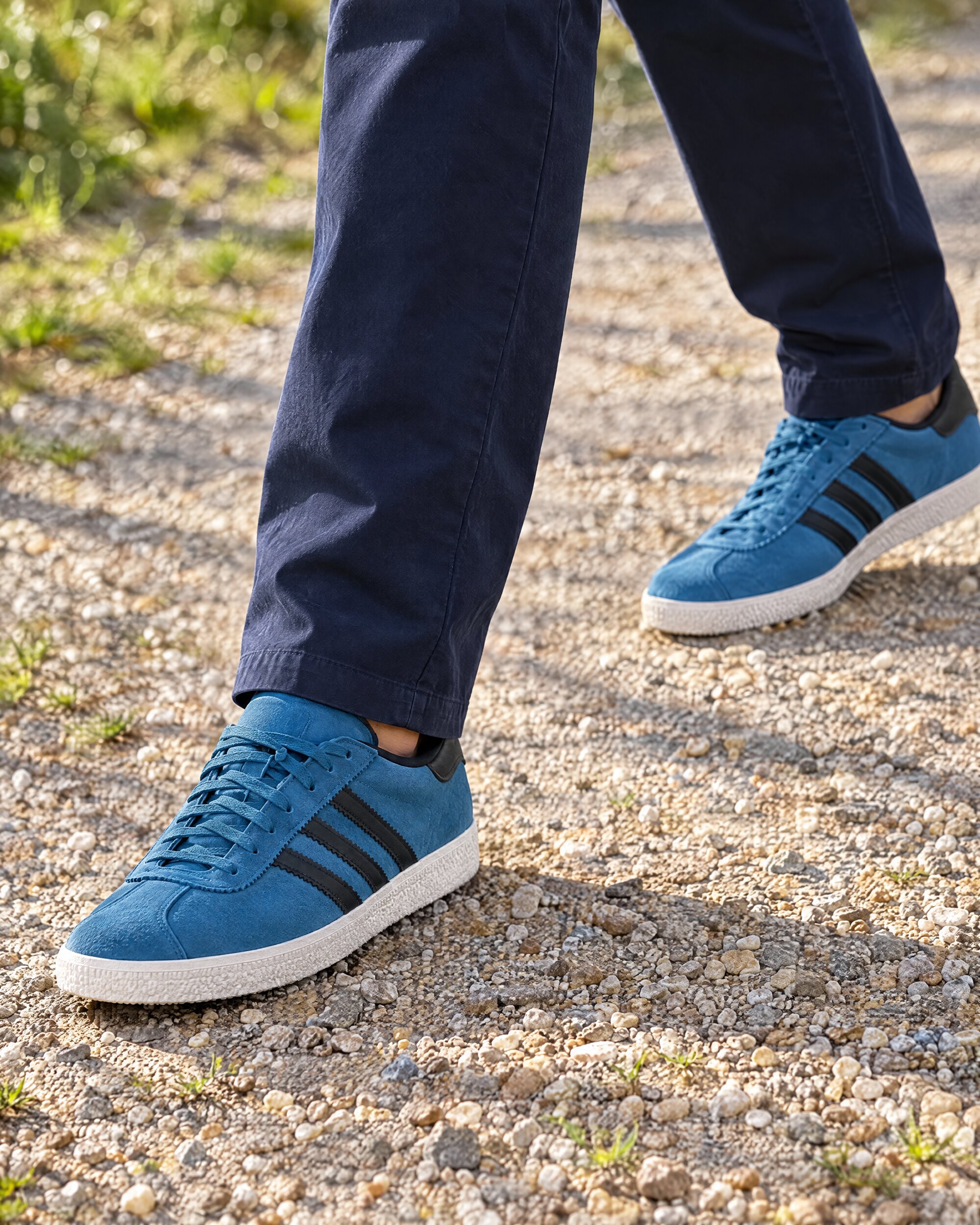 Adidas Gazelle 2 style blue suede sneakers worn with navy trousers on a gravel path