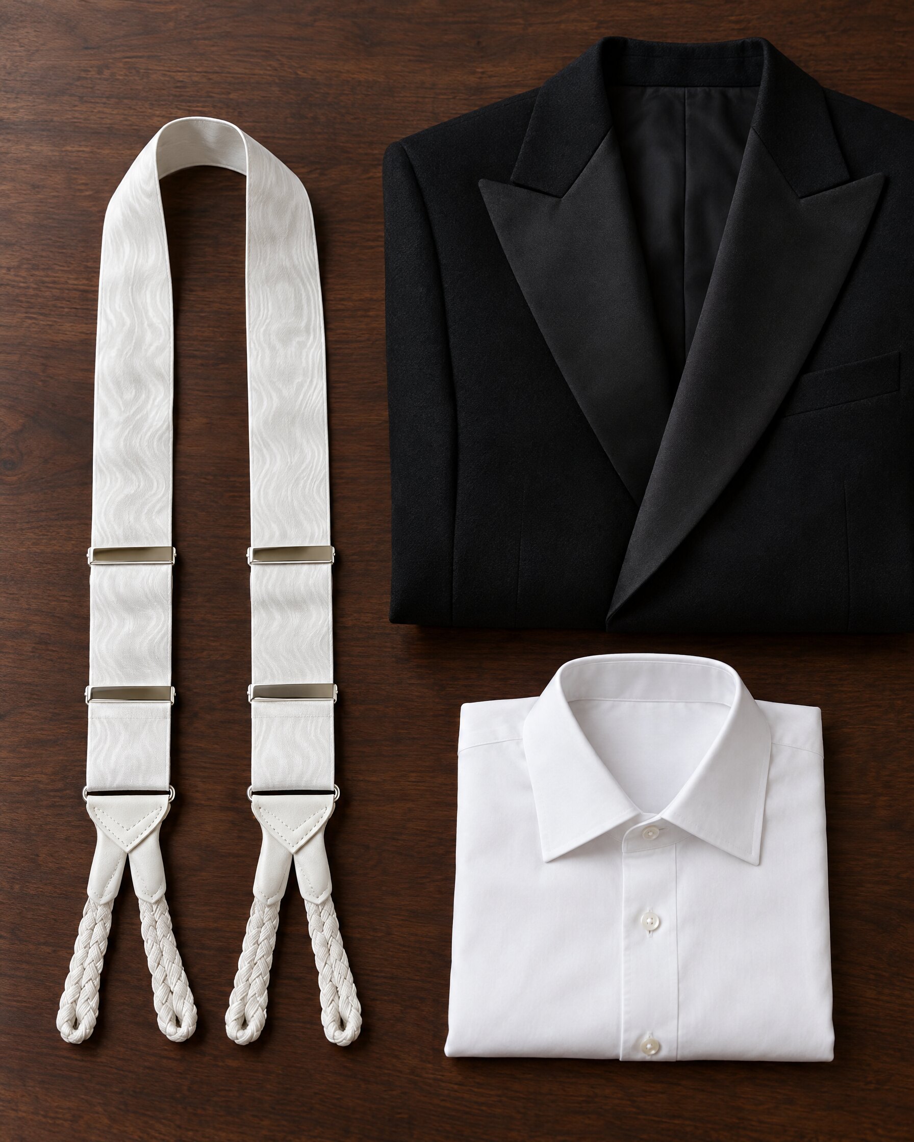 Albert Thurston white moiré braces with white leather joints laid flat beside a folded black dinner jacket