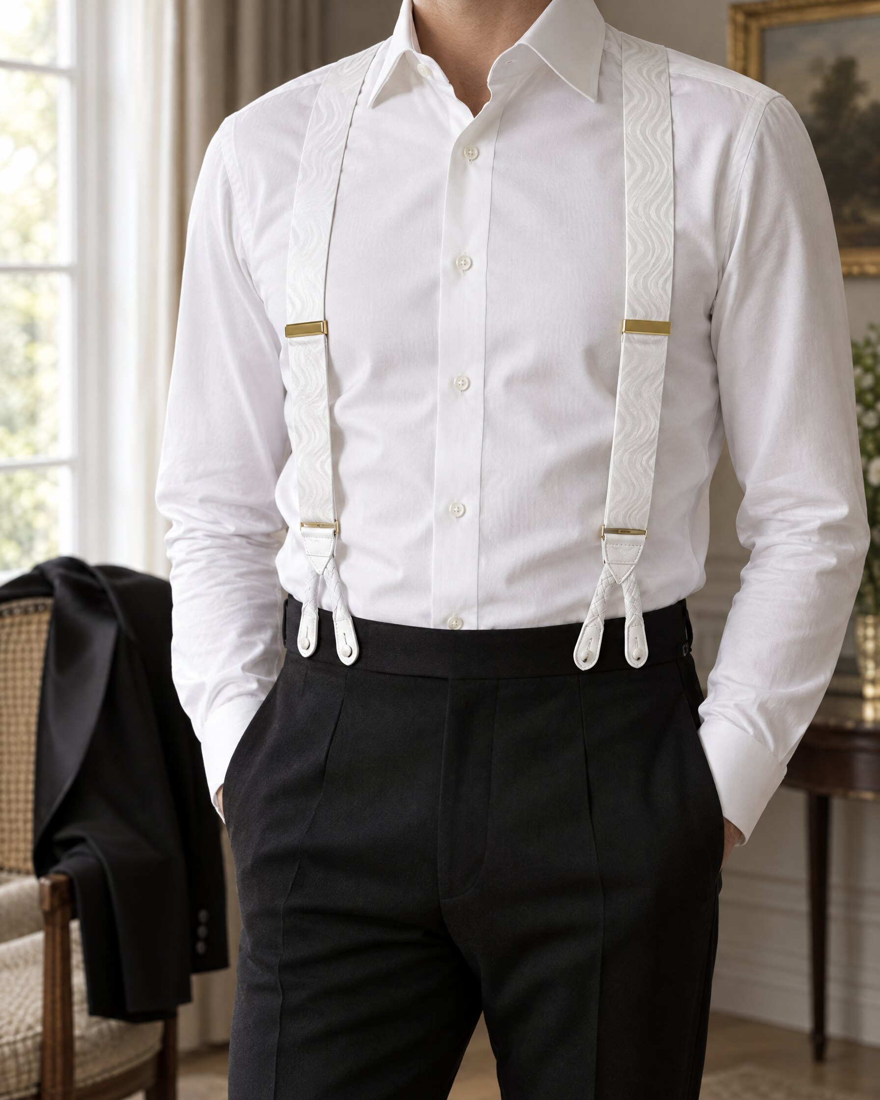 Man in a white shirt and black evening trousers wearing white moiré braces, jacket removed