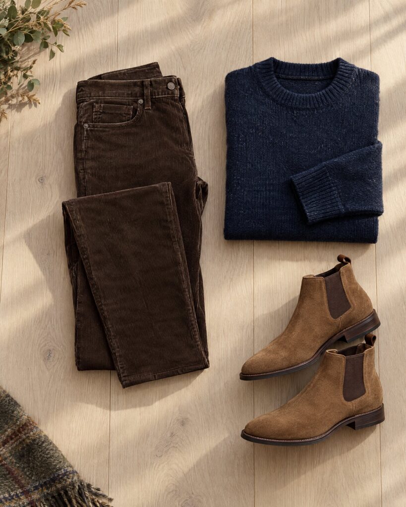 Brown corduroy trousers folded with a navy knit and suede boots