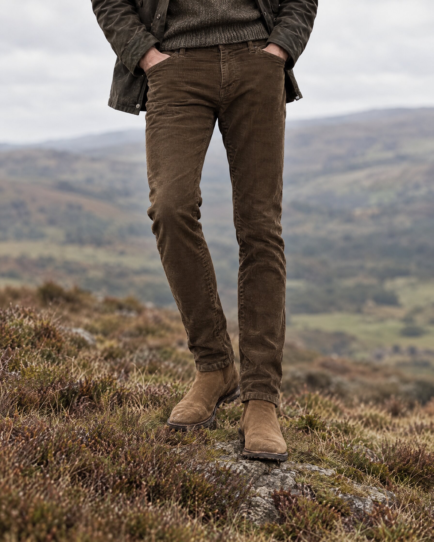 Man in brown corduroy trousers and suede boots on a hillside