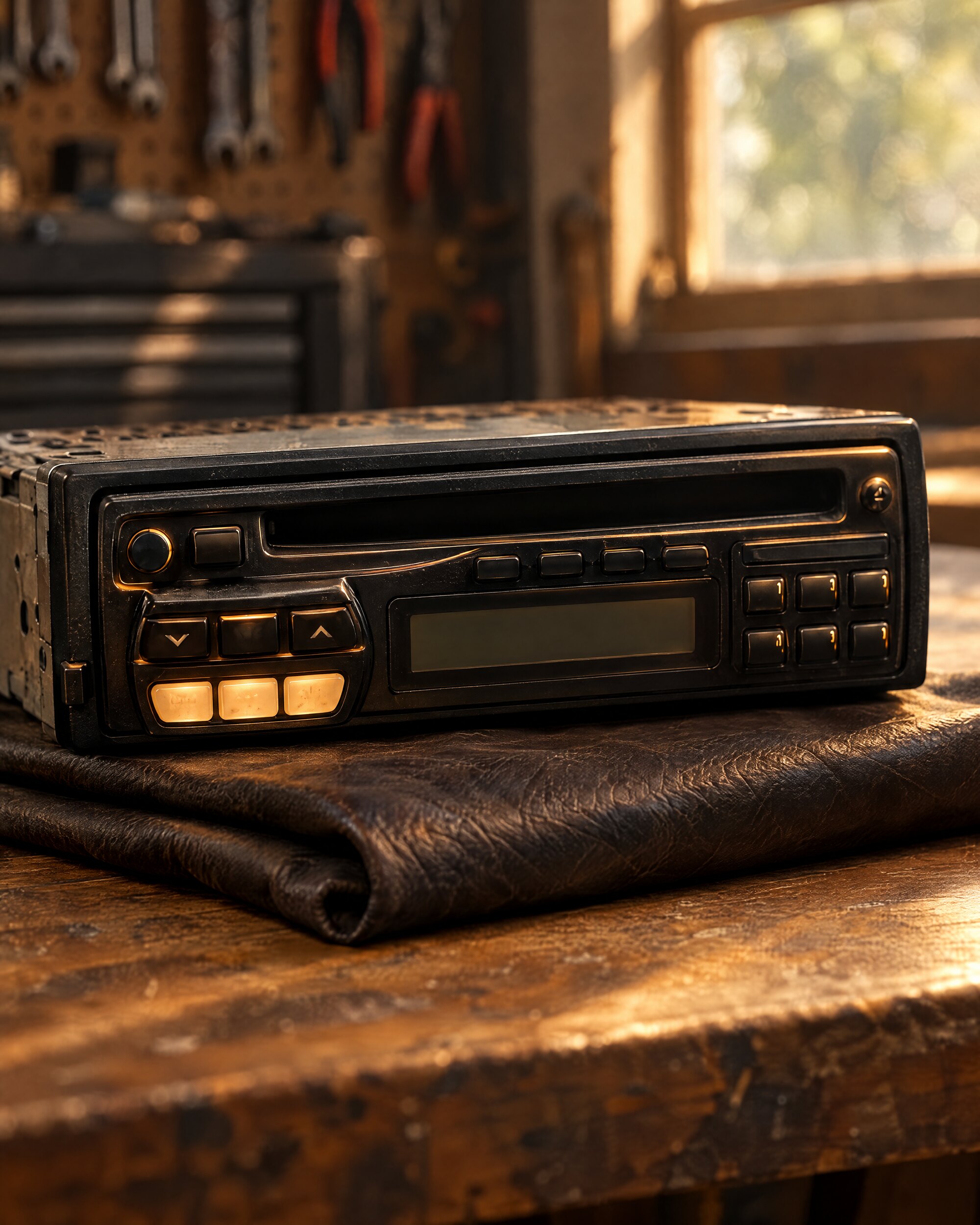 Vintage black car CD receiver with an amber glow on a leather cloth