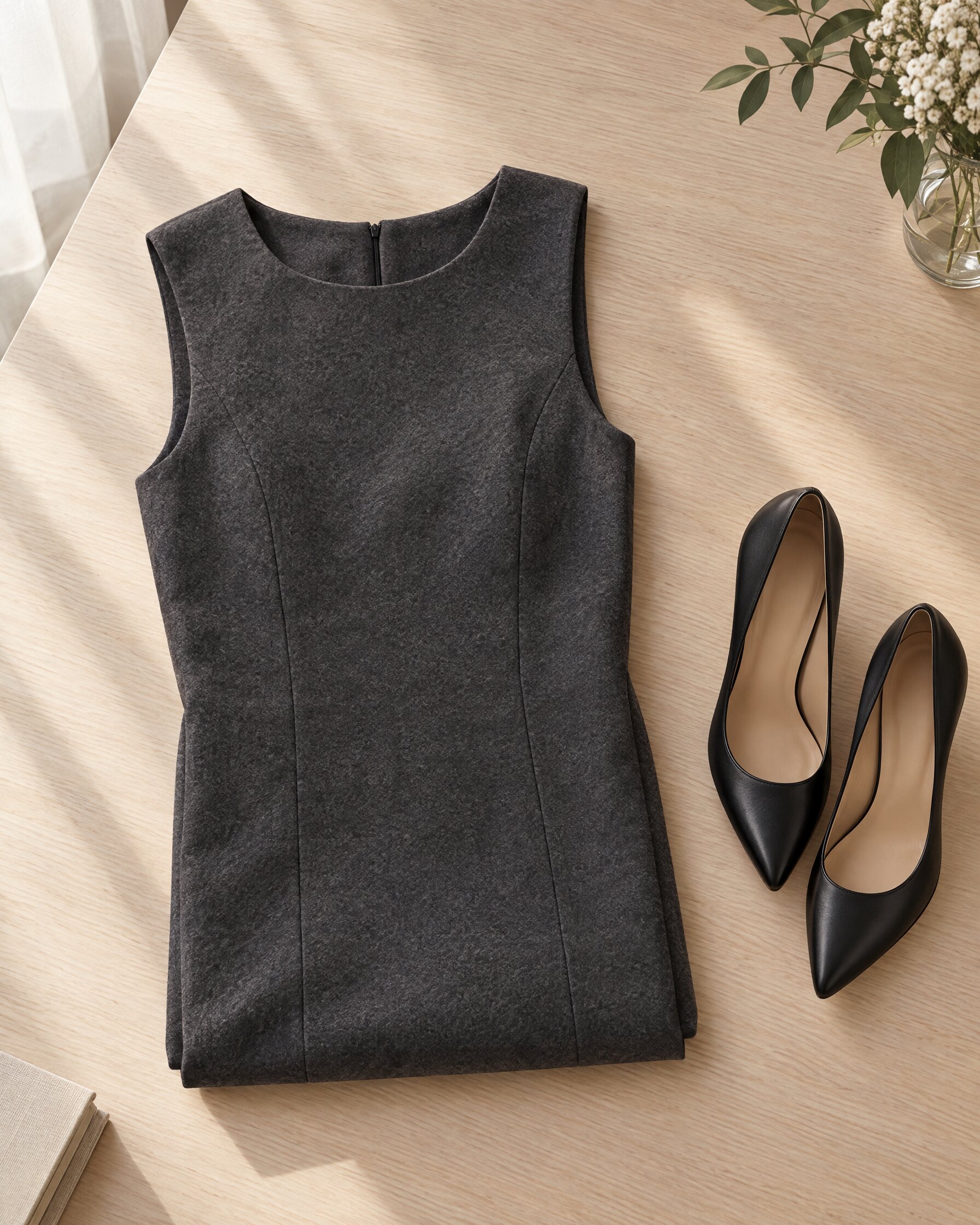 Charcoal felt shift dress laid flat beside black court shoes