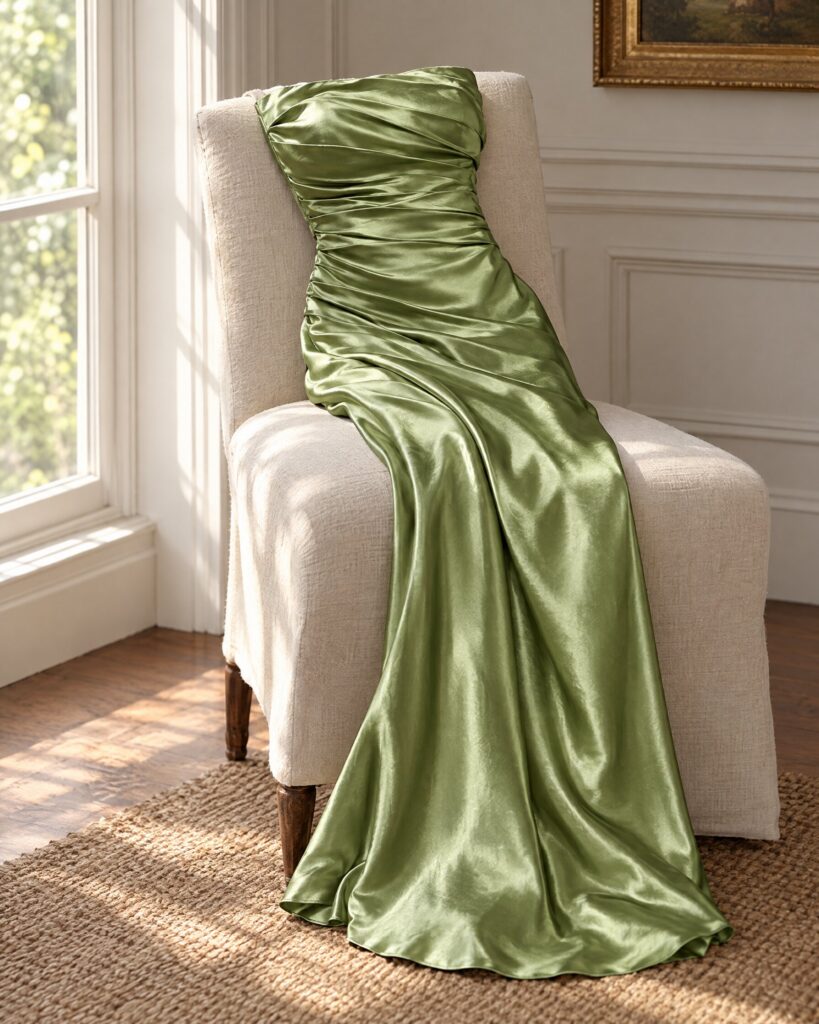 Amanda Wakeley Skyfall dress inspiration: a peridot silk satin maxi dress over a chair