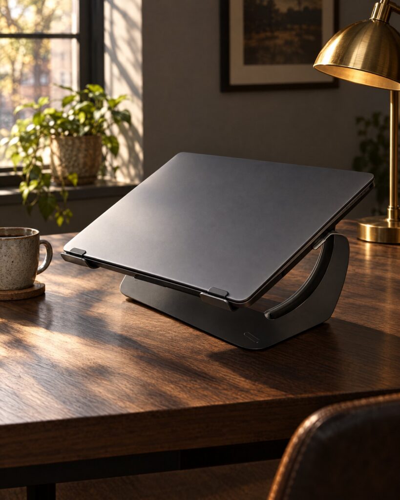 Laptop raised on a black stand in a quiet home office with natural light