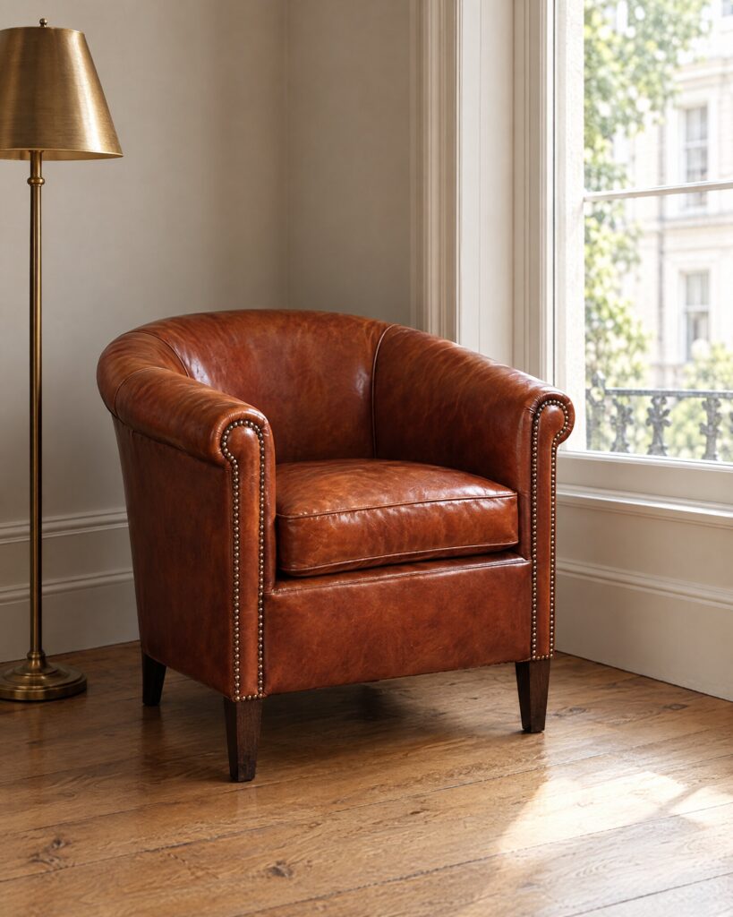 Amsterdam leather chair in brown hand-dyed leather beside a window in a quiet London flat
