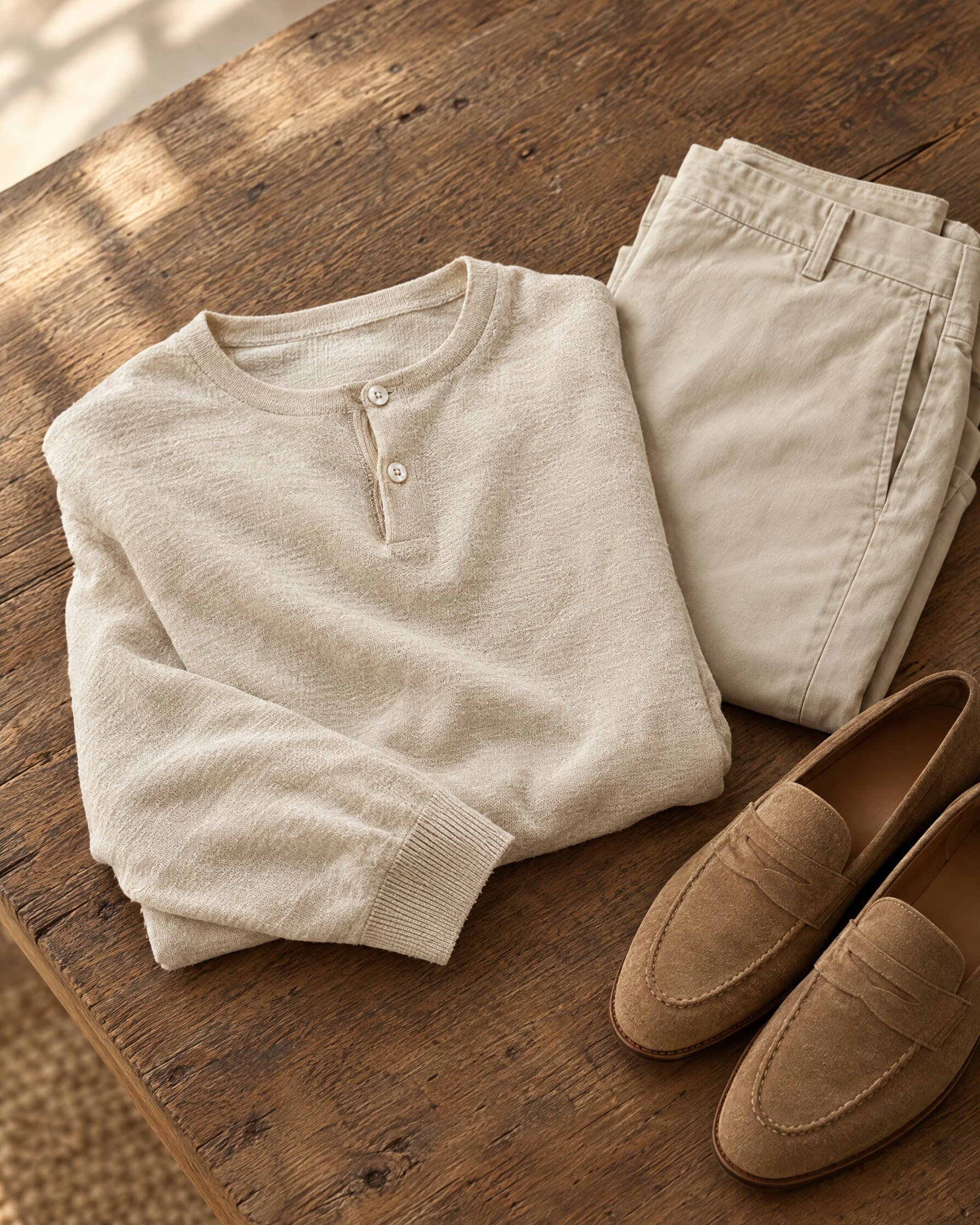 Cream knitted linen long-sleeve Henley folded on an oak table with chinos and suede loafers