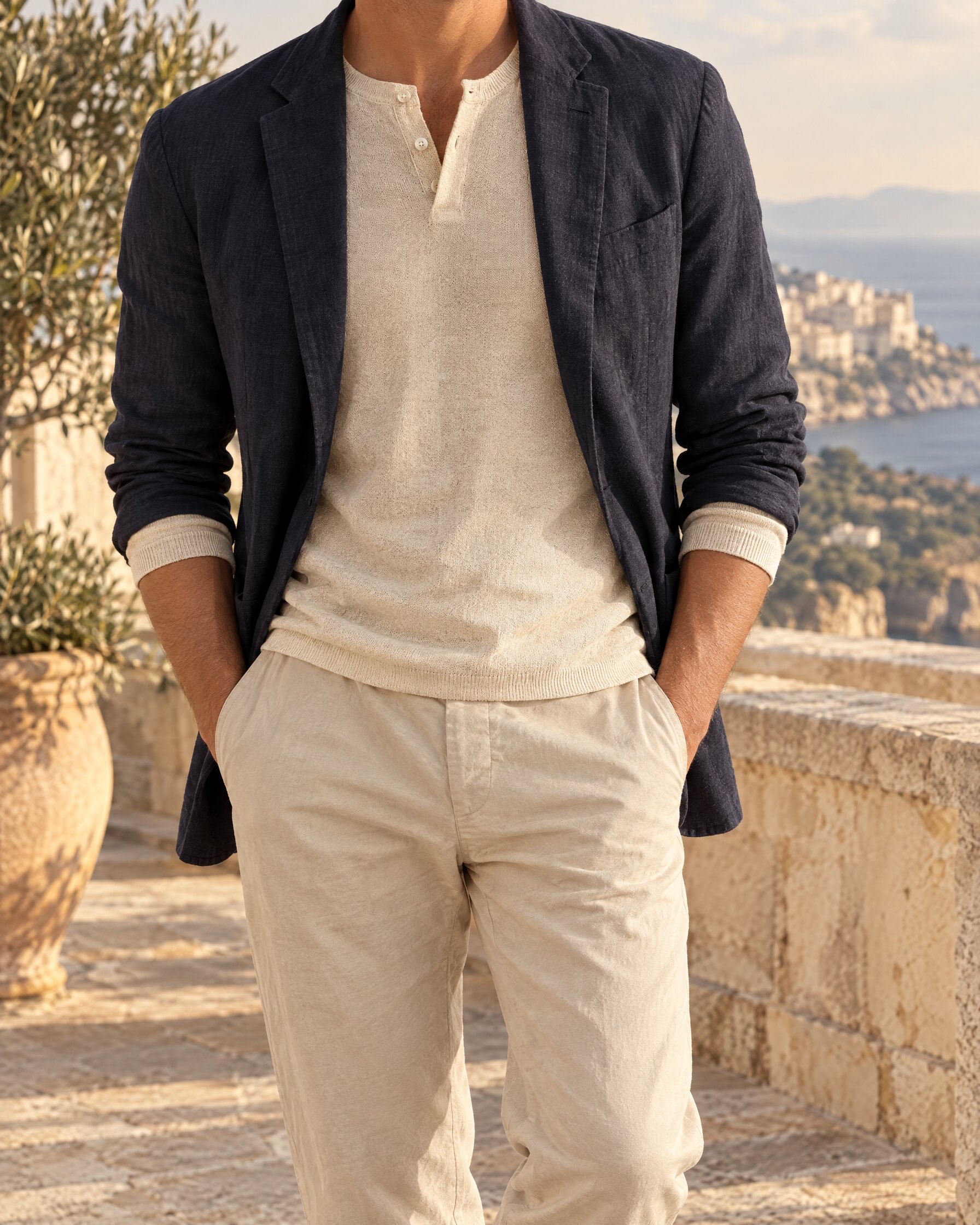 Man wearing the Anderson & Sheppard linen Henley under a navy jacket on a sunlit Italian terrace