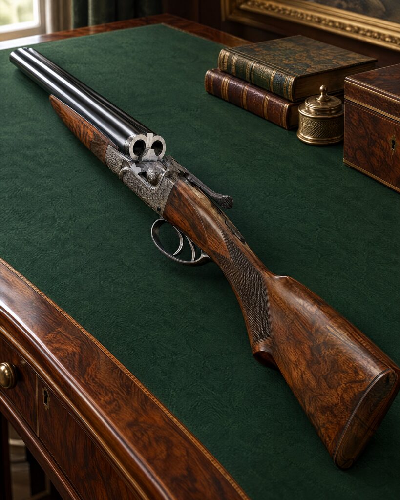 Anderson Wheeler style .500 Nitro Express double rifle resting unloaded on green baize