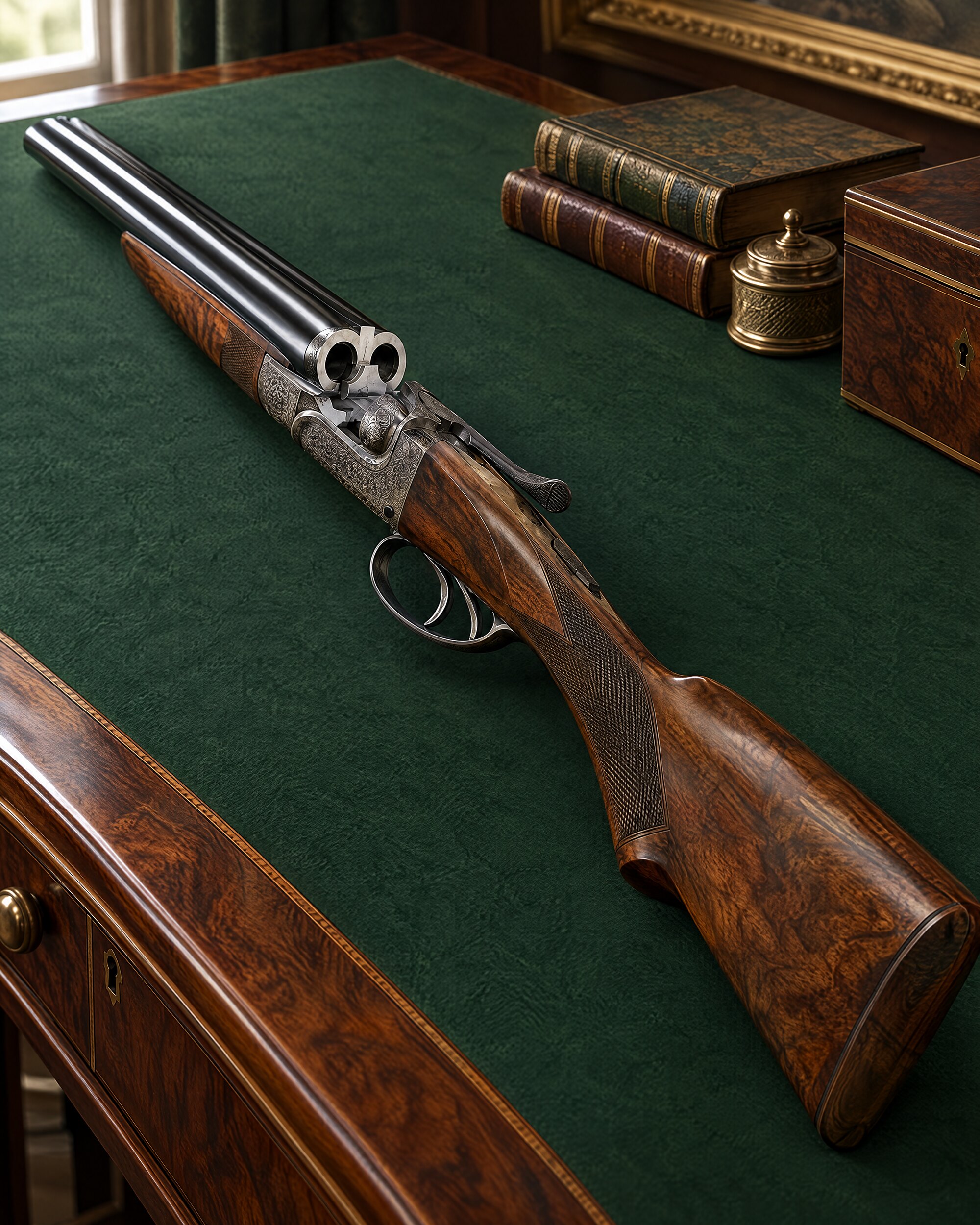Anderson Wheeler style .500 Nitro Express double rifle resting unloaded on green baize