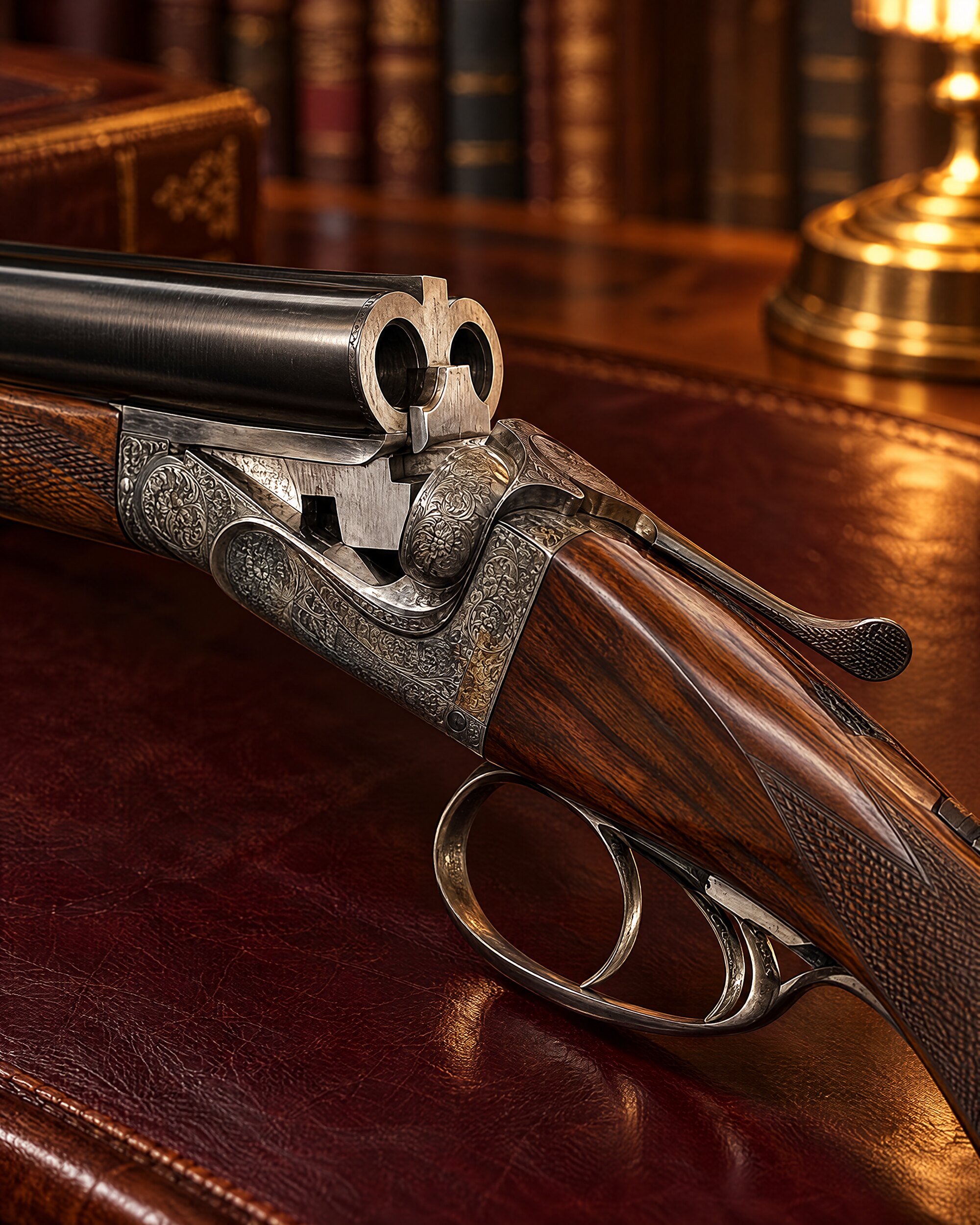 Detail of the engraved action and walnut stock of a double rifle on leather