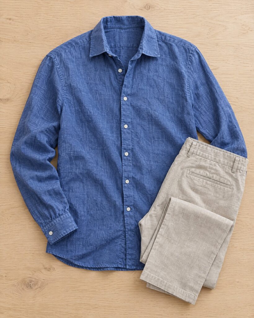 Indigo blue linen shirt laid flat beside stone trousers on oak