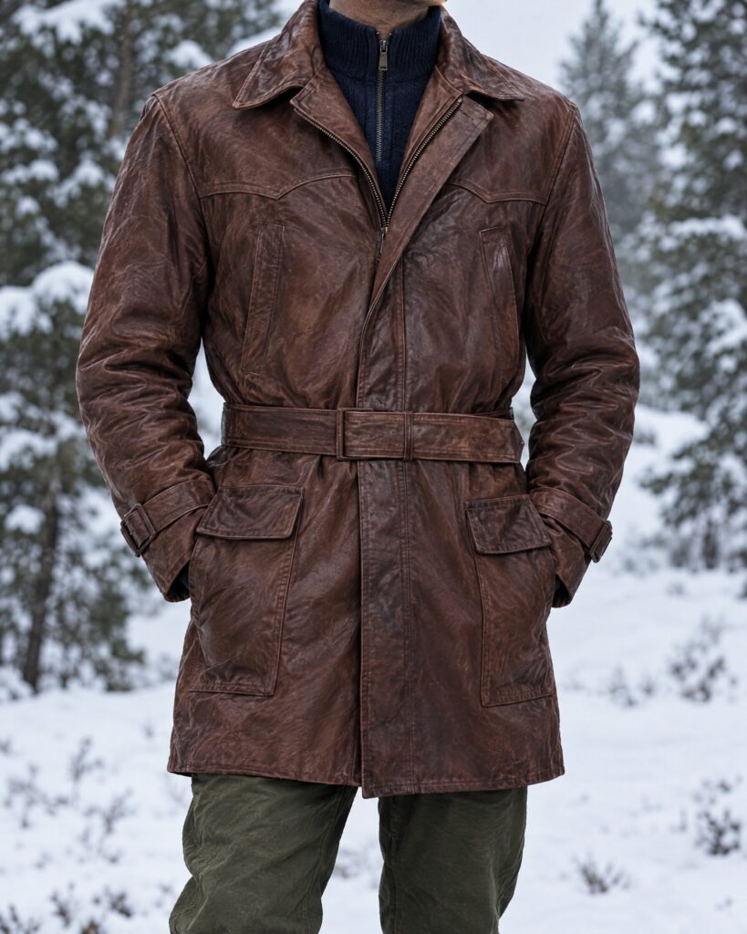 Brown leather car coat worn over a navy mock-neck jumper in snow