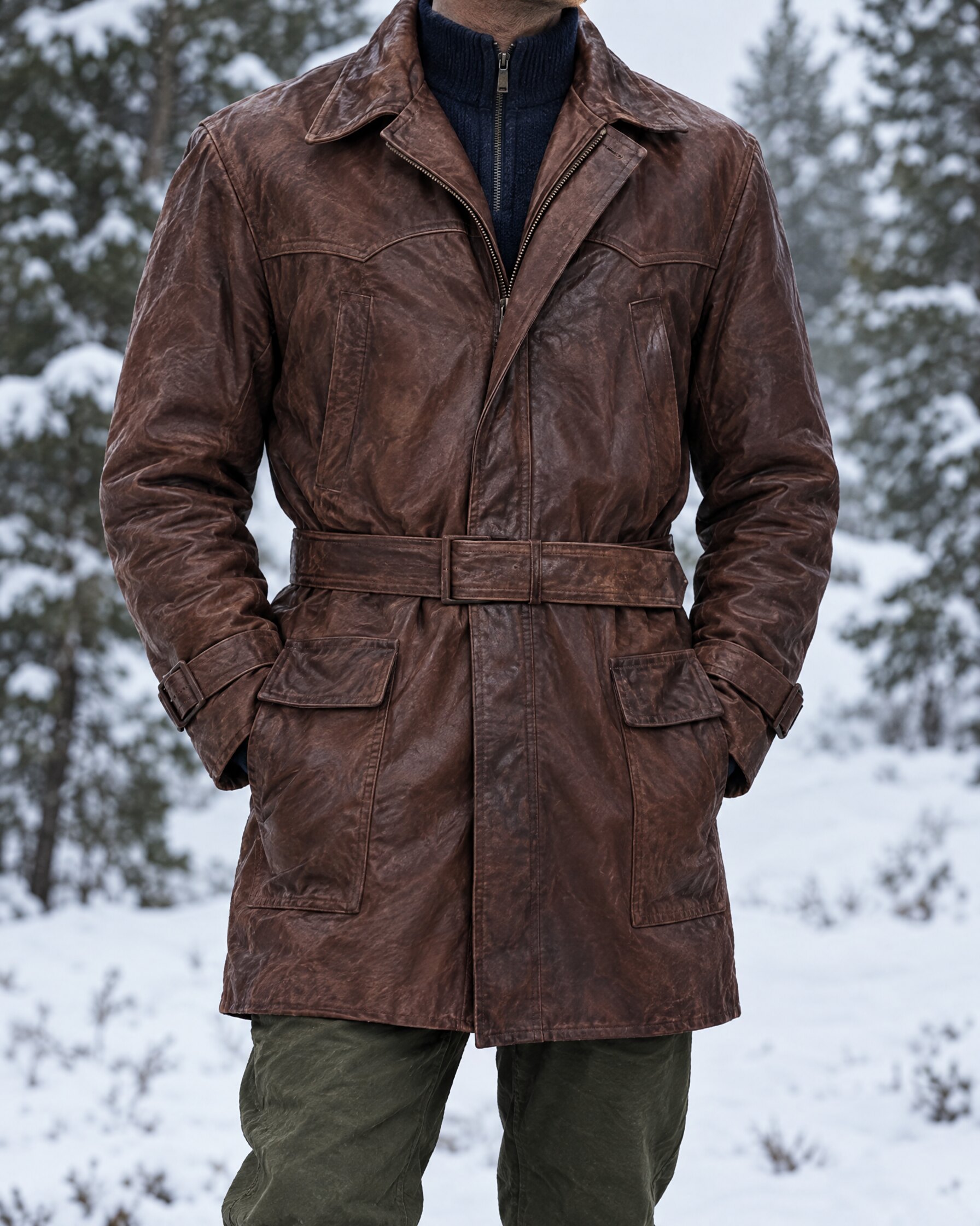 Brown leather car coat worn over a navy mock-neck jumper in snow