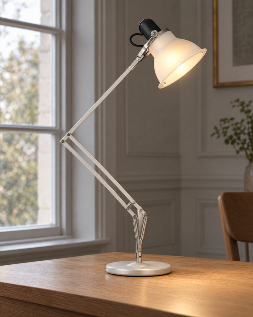 Anglepoise Type 1228 desk lamp in Ice White on an oak desk in natural light