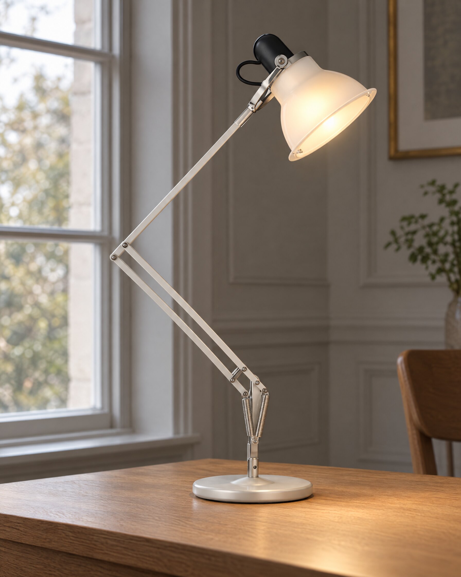 Anglepoise Type 1228 desk lamp in Ice White on an oak desk in natural light