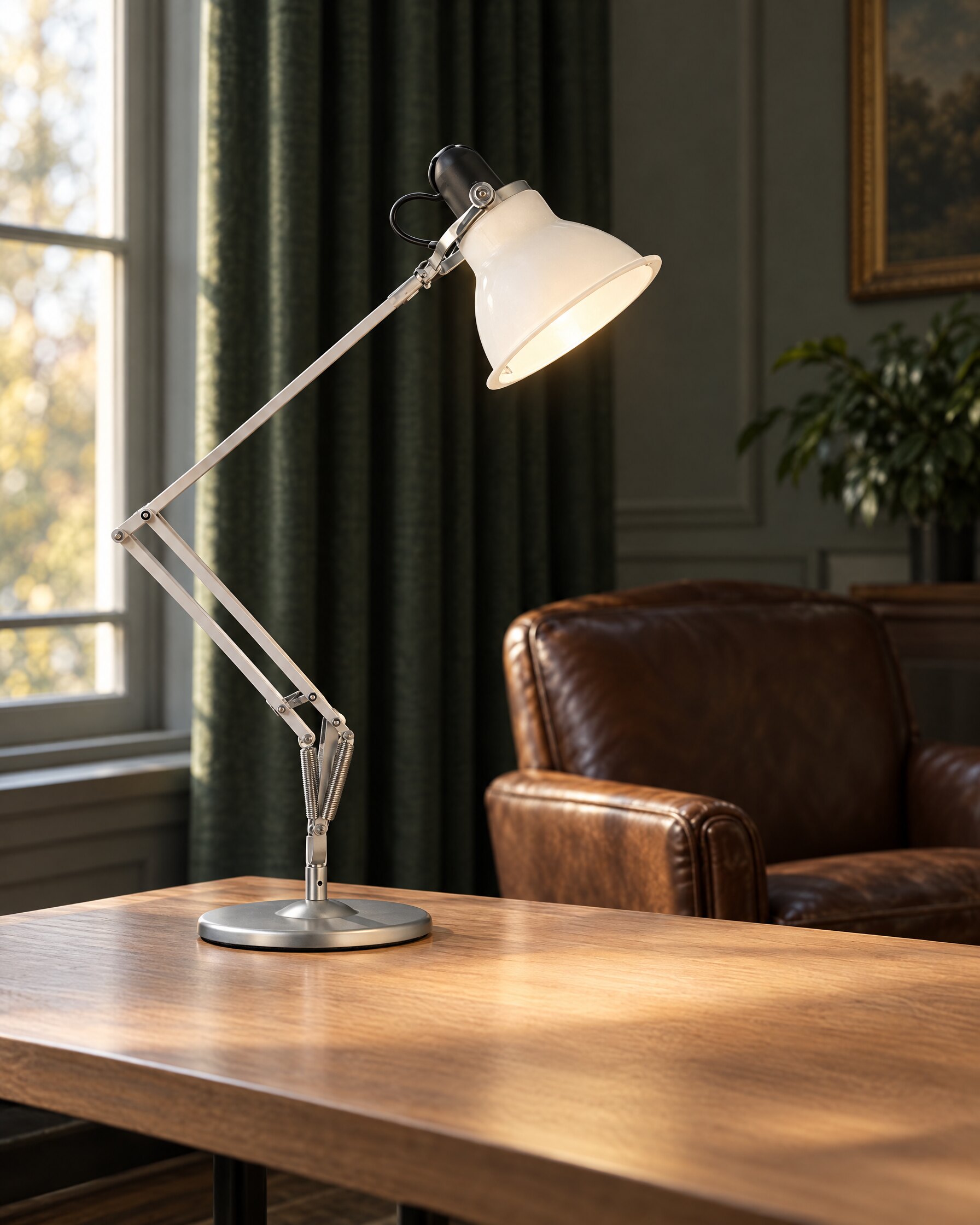 Ice White Skyfall-era Anglepoise lamp on a walnut desk in a quiet study