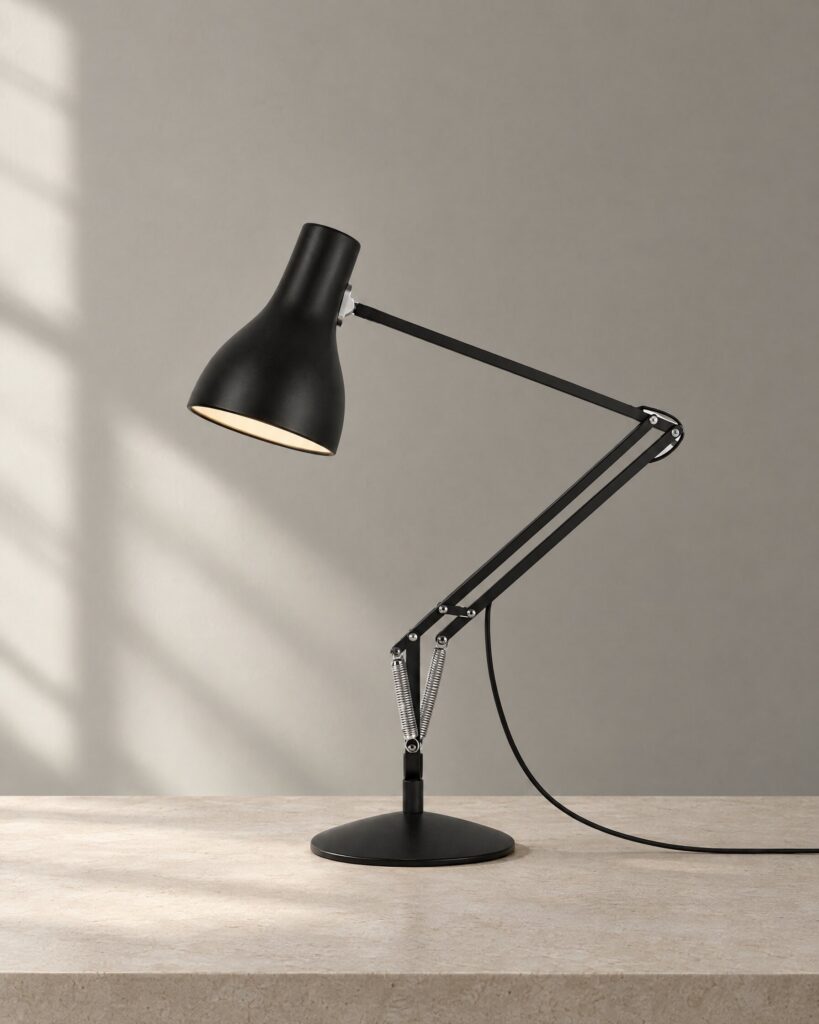 Anglepoise Type 75 desk lamp in Jet Black on a pale stone surface in soft natural light