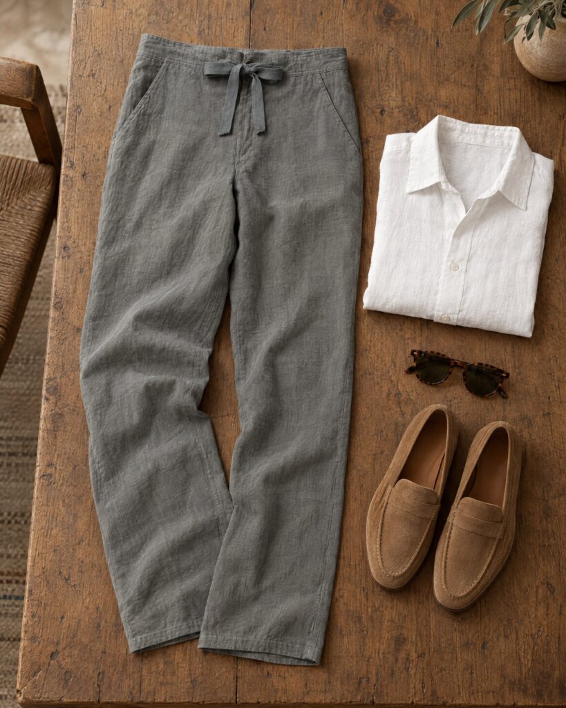 Anthony Sinclair Madagascar trousers in Irish linen laid flat with a white linen shirt and tan suede loafers