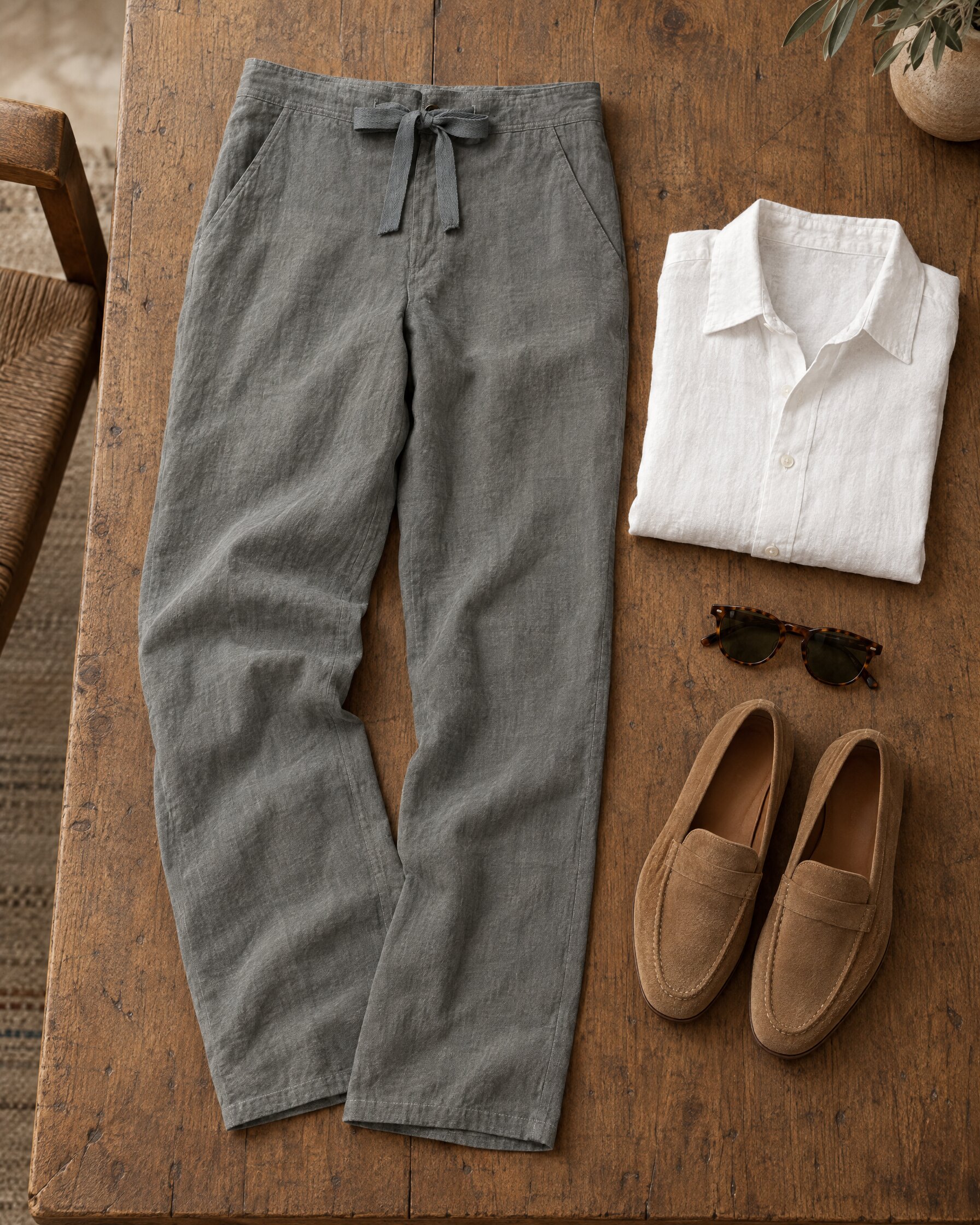 Anthony Sinclair Madagascar trousers in Irish linen laid flat with a white linen shirt and tan suede loafers