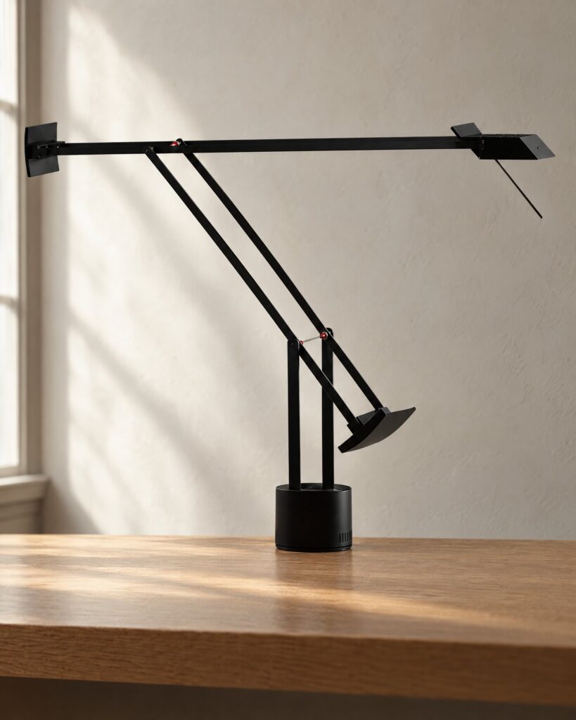 Artemide Tizio 50 table lamp in black with arms fully extended on an oak desk