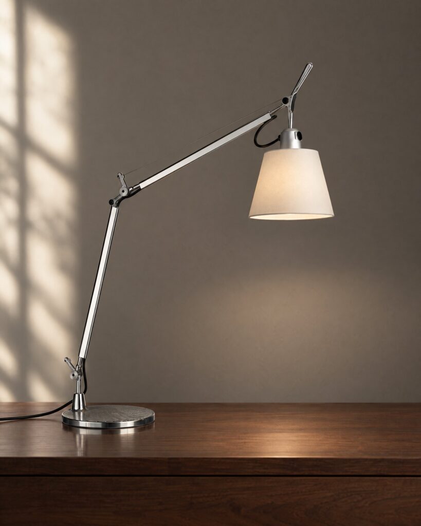 Artemide Tolomeo Basculante Tavolo table lamp with parchment diffuser and aluminium arm on a walnut surface