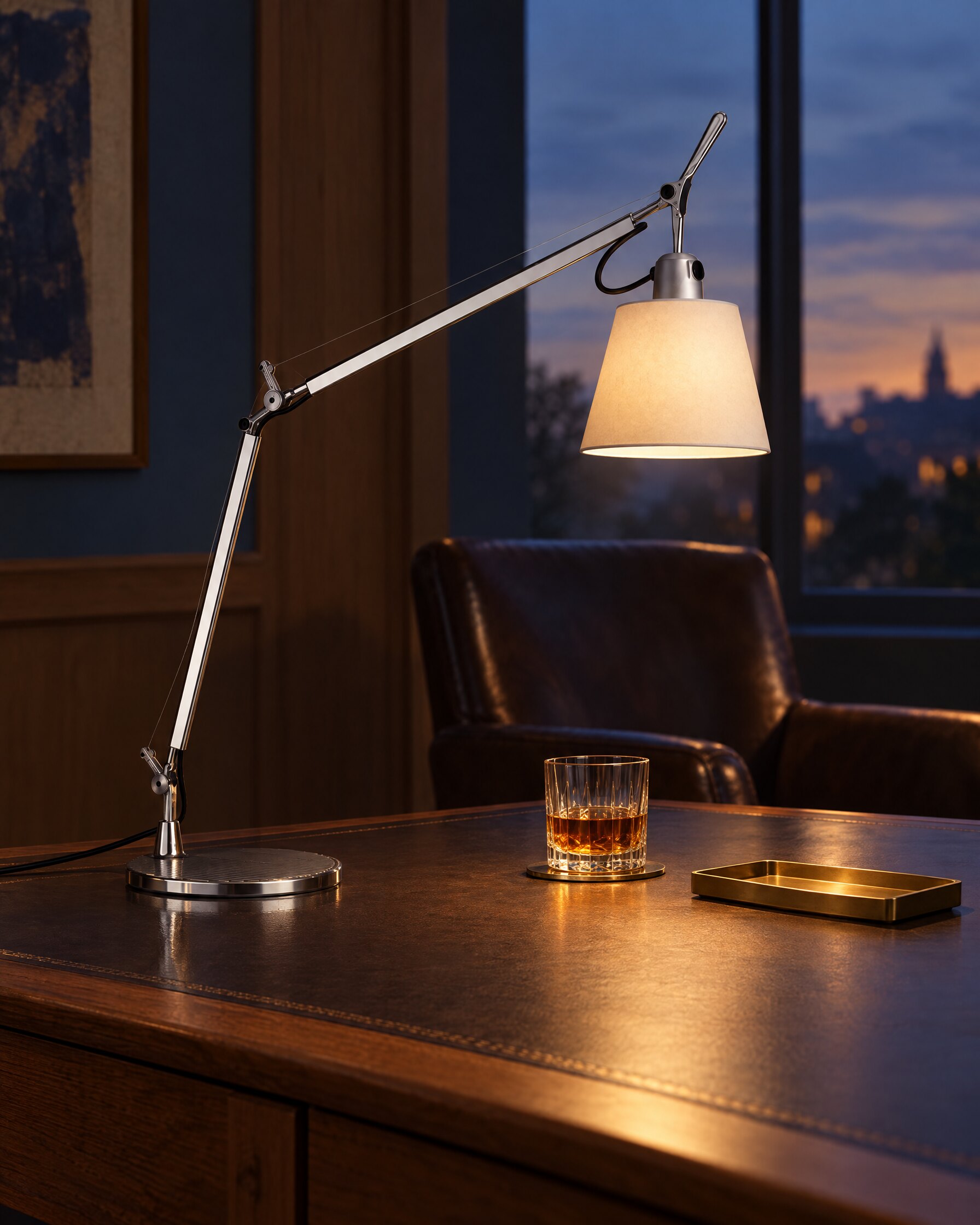 Tolomeo Basculante table lamp lit on a leather-topped study desk beside a reading chair at dusk