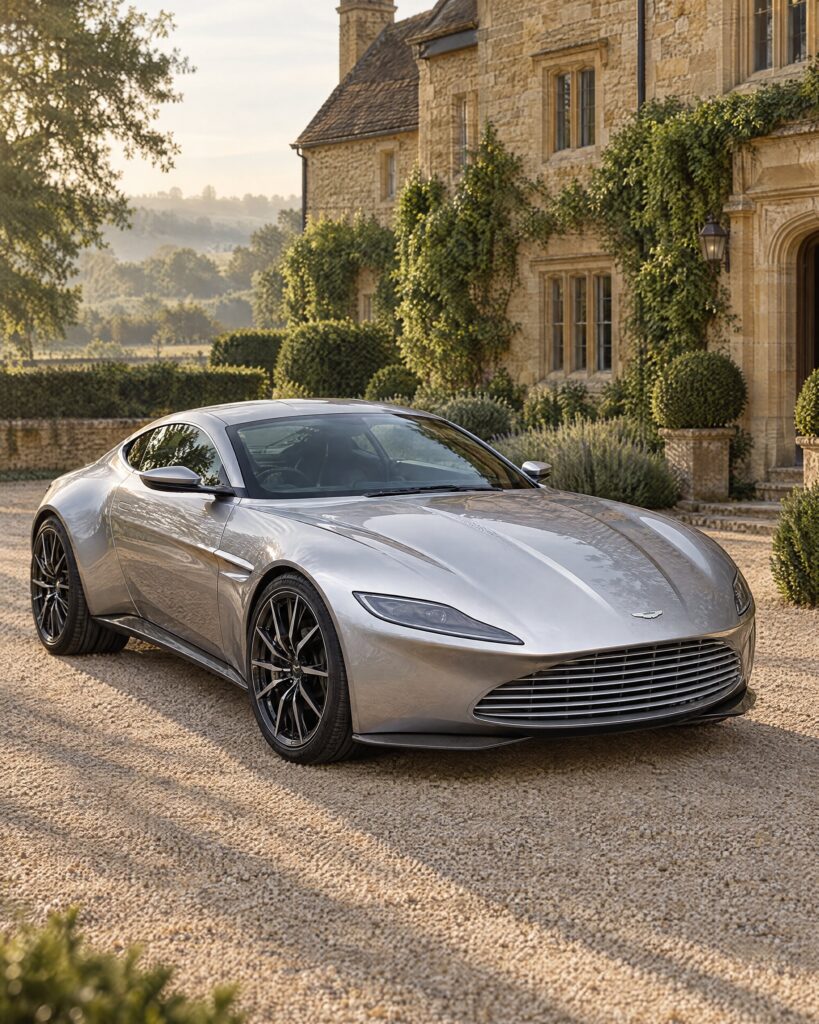 Silver Aston Martin DB10 coupé parked on gravel before a stone country house at dawn