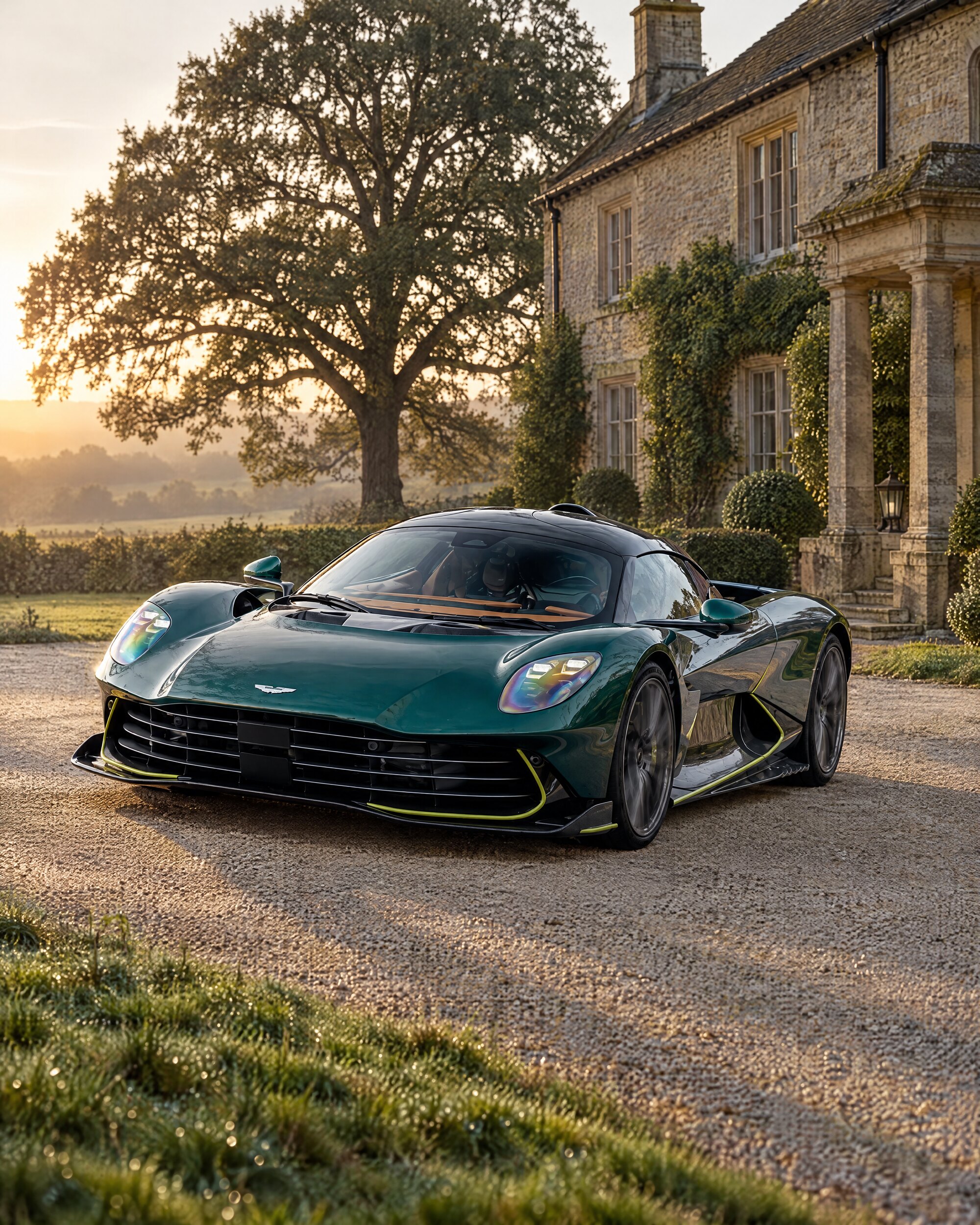Dark Aston Martin Valhalla parked on gravel outside a stone country house at dawn