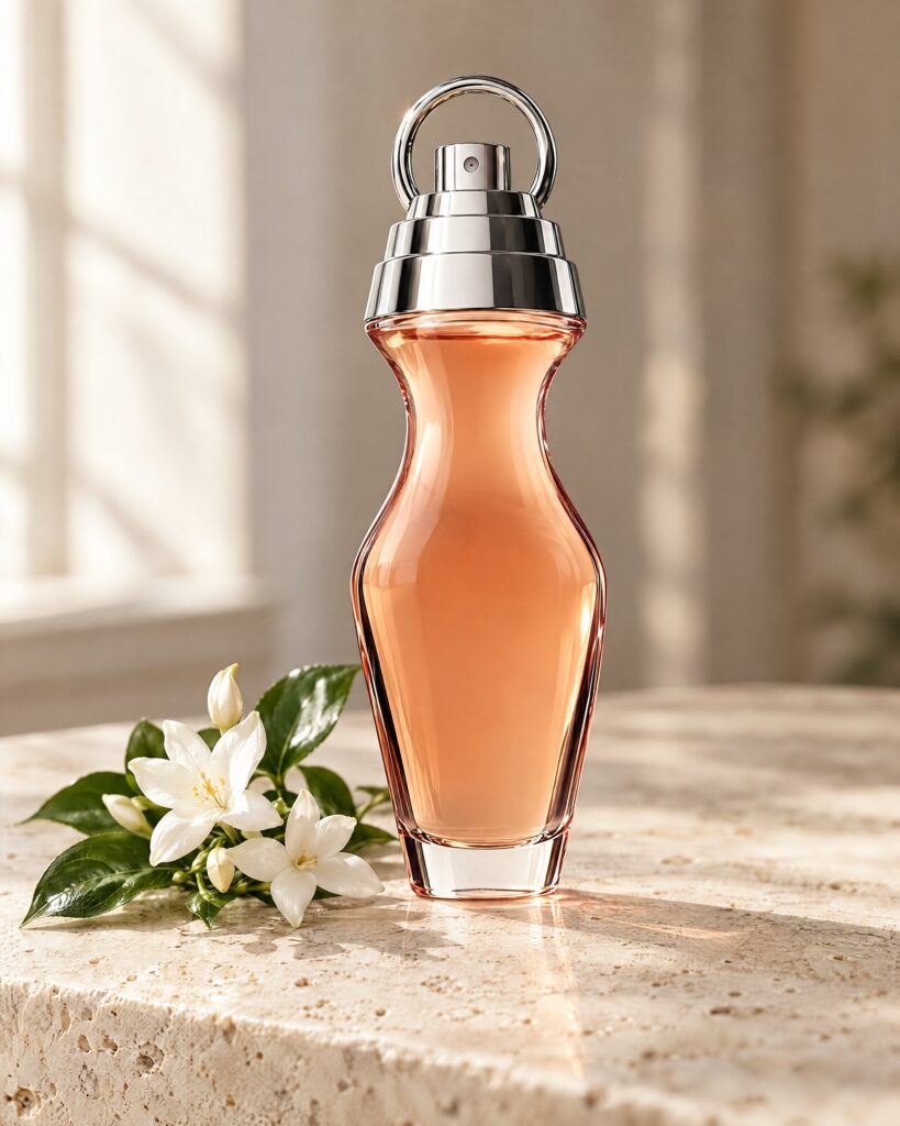 Avon Bond Girl 007 perfume bottle on travertine beside a sprig of white jasmine