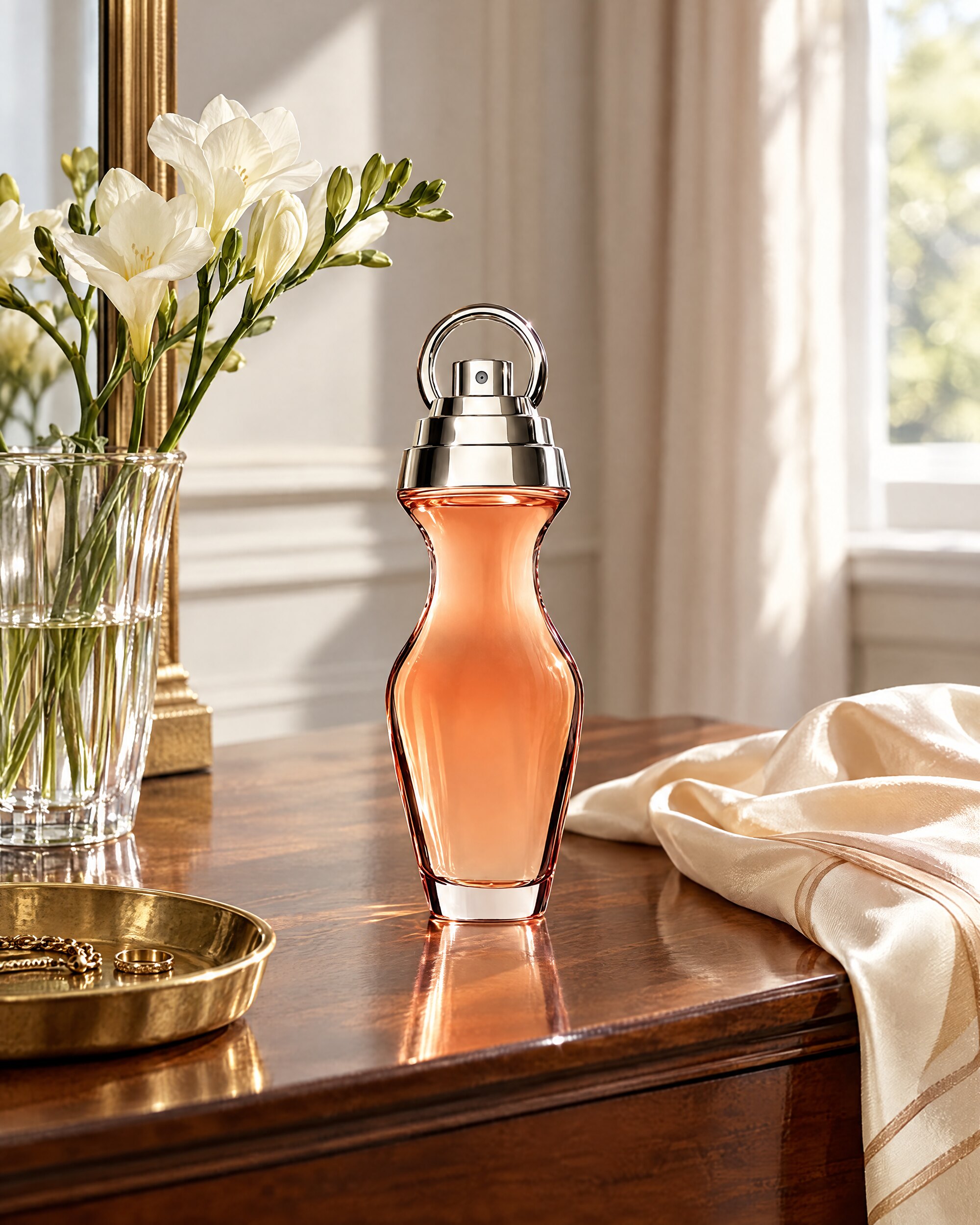 Silver perfume bottle on a dressing table with freesia and a silk scarf in morning light
