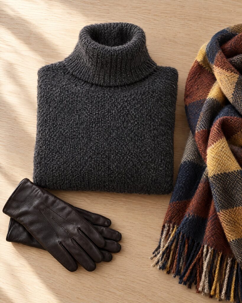 Charcoal grey chunky cashmere turtleneck sweater folded on an oak table