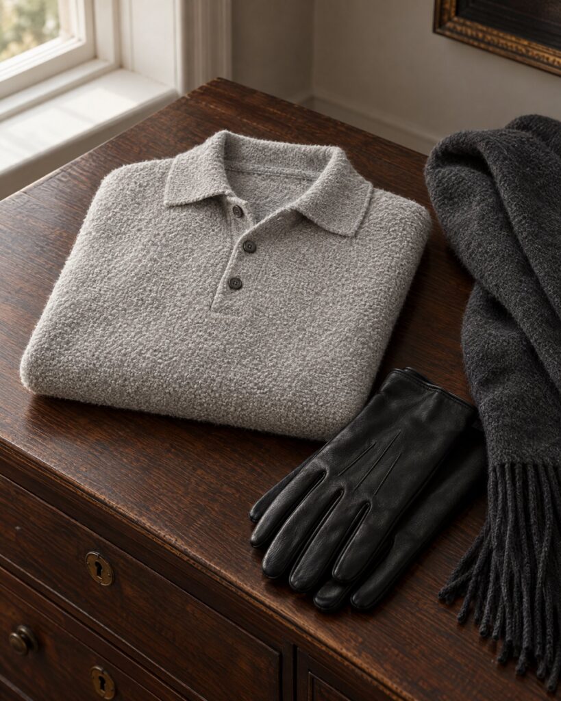 Frost grey bouclé cashmere polo folded on an oak chest with leather gloves