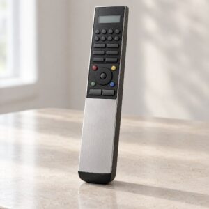 Brushed aluminium Bang & Olufsen Beo4 style remote control on a stone surface