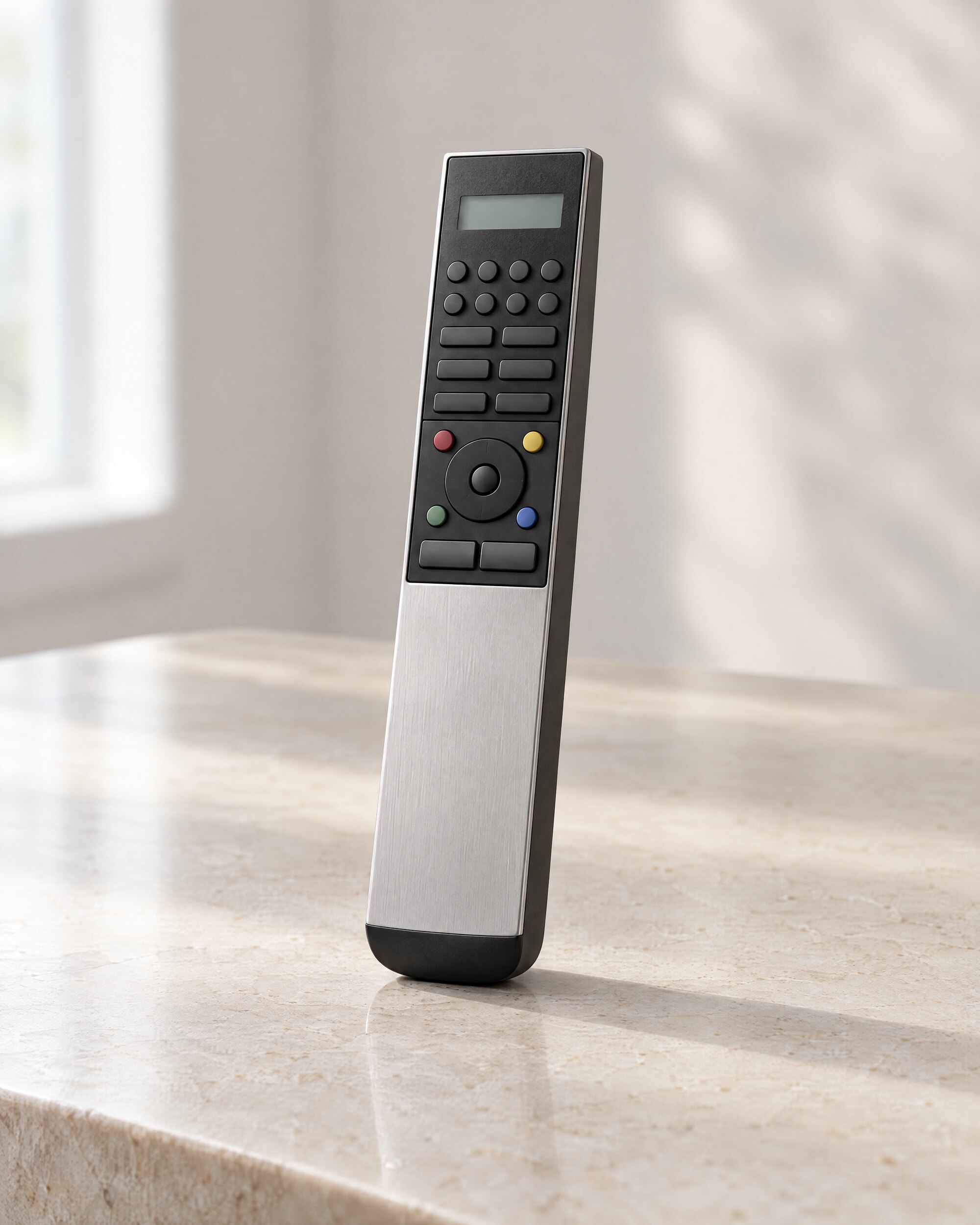 Brushed aluminium Bang & Olufsen Beo4 style remote control on a stone surface