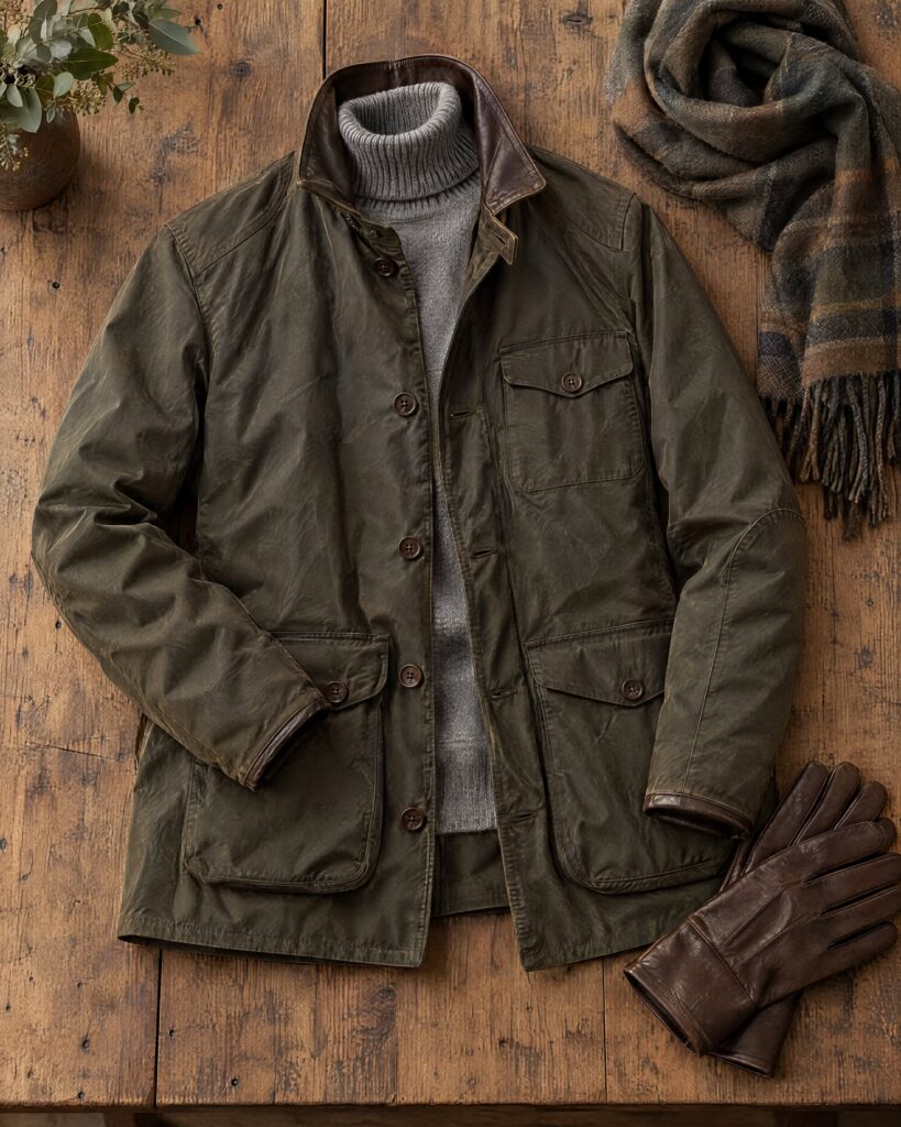 Olive waxed-cotton Barbour Beacon jacket flat lay with roll neck and scarf