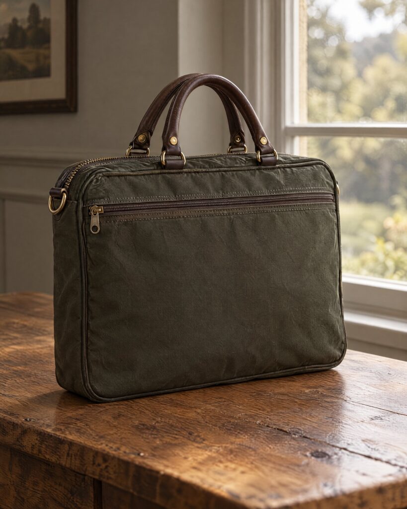 Olive Barbour Land Rover briefcase with leather trims on an oak table in soft window light