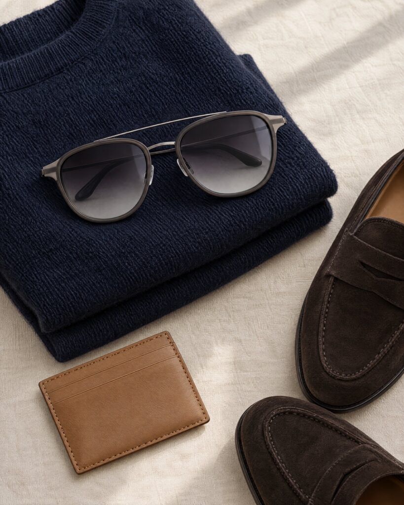 Barton Perreira Courtier sunglasses in Matte Dusk with pewter metalwork, laid on a navy cashmere knit with suede loafers