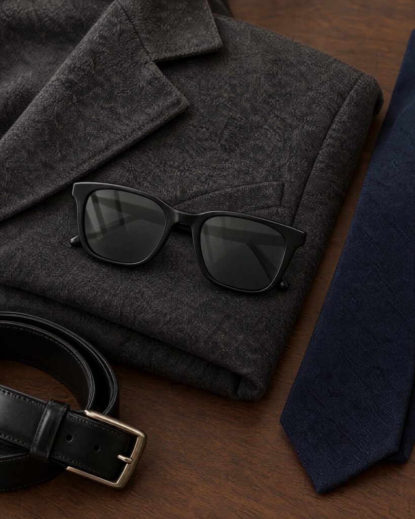 Barton Perreira Joe sunglasses in polished black on a folded grey flannel jacket