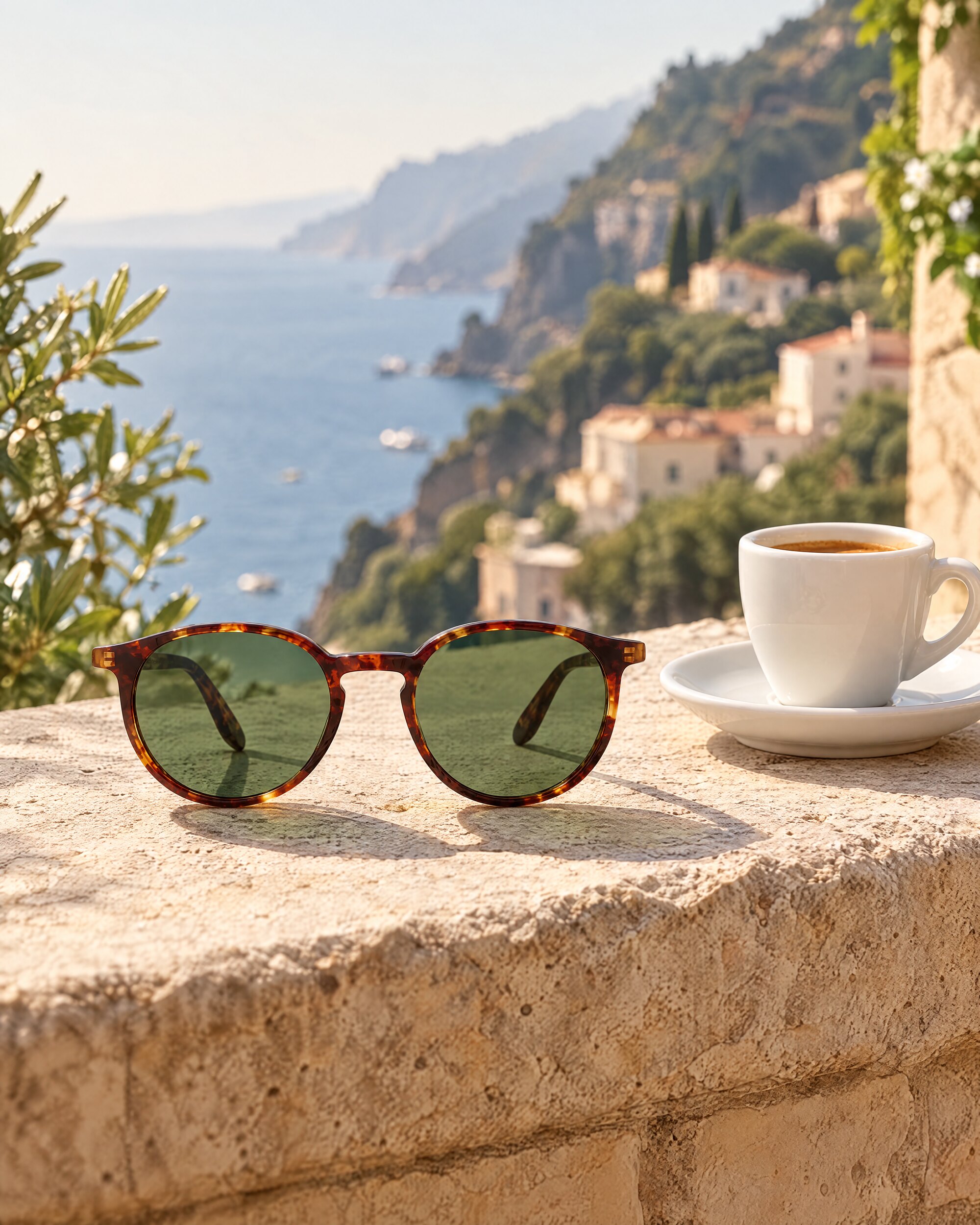 Round tortoiseshell sunglasses with green lenses resting on a sunlit stone terrace in Italy