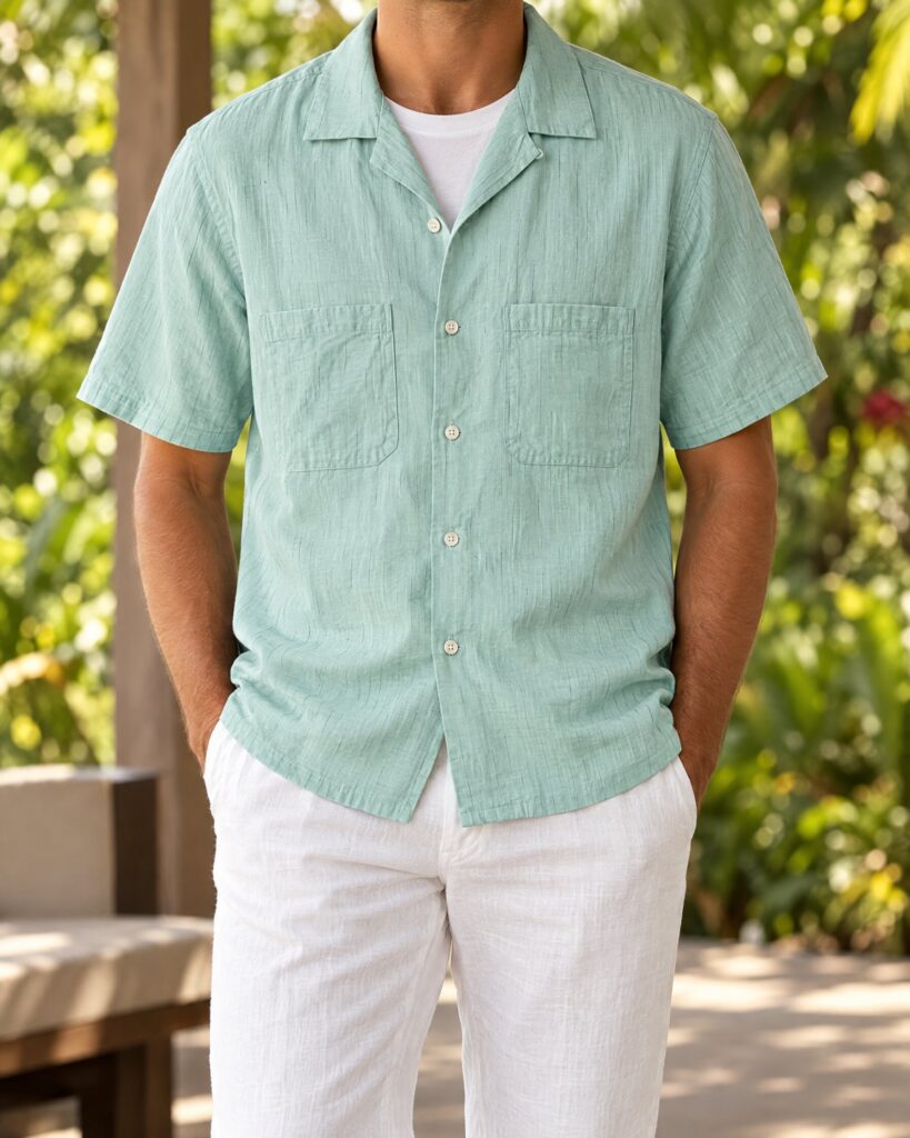 Man wearing a mint green camp-collar slub shirt over a white tee on a shaded terrace