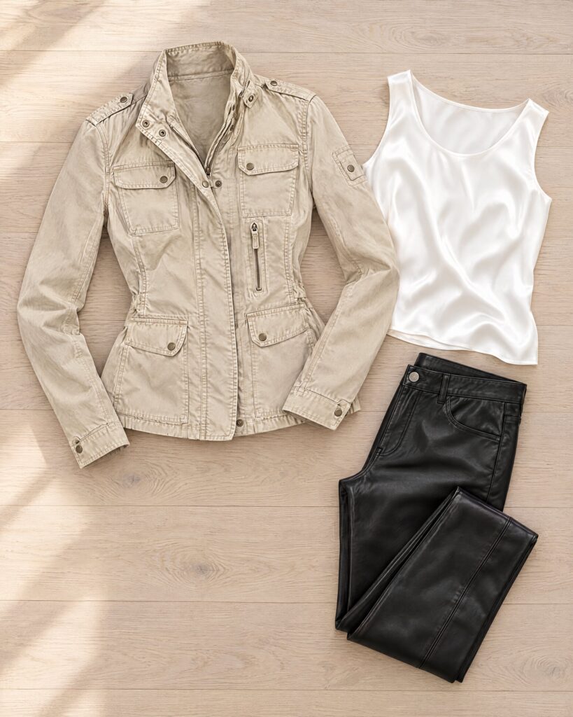 Beige fitted biker jacket in a flat lay with white top and black trousers