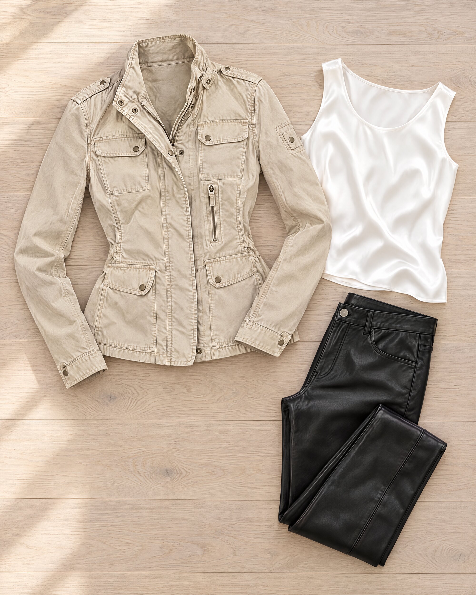 Beige fitted biker jacket in a flat lay with white top and black trousers