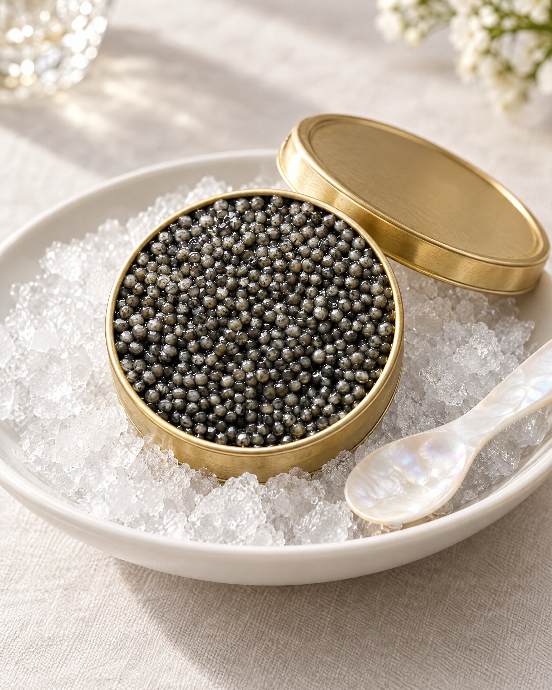 Open tin of Beluga caviar on crushed ice with a mother-of-pearl spoon