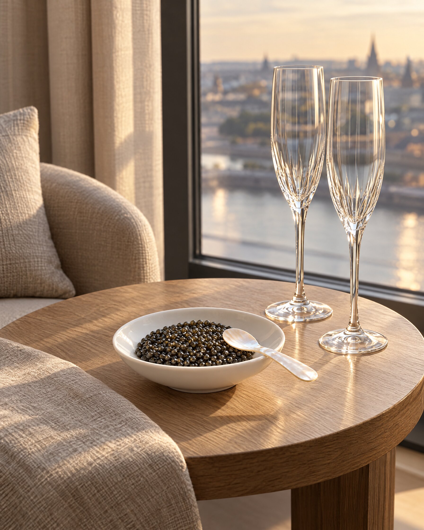 Dish of caviar and champagne flutes on a hotel suite table by a window
