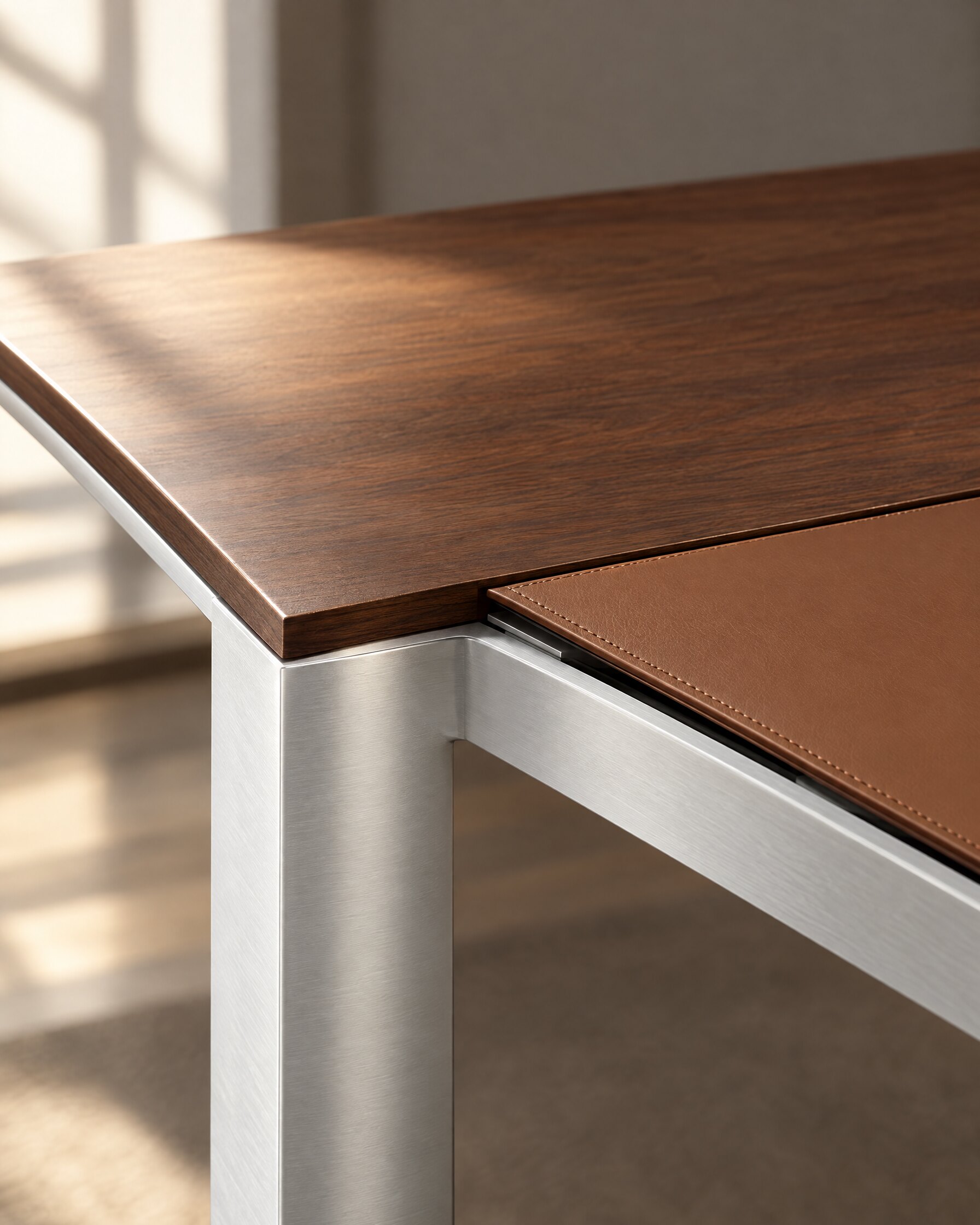 Close detail of the anodised aluminium frame and walnut veneer top on a Bene AL Executive desk